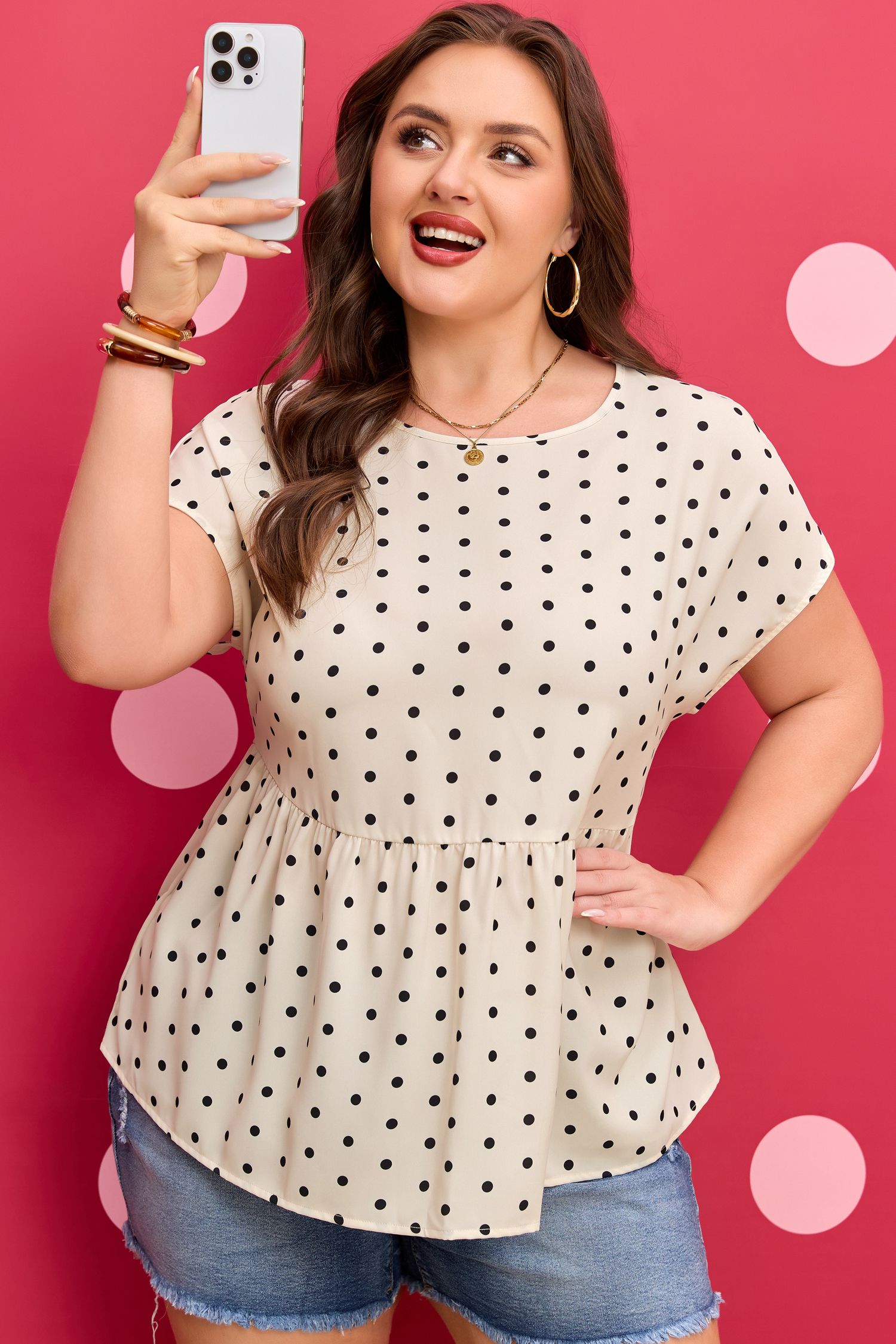Plus Size Apricot  Polka Dot Print Button Detail Short Sleeve Babydoll Blouse
