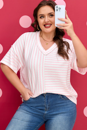 Plus Size Pink Stripe  V Neck Exposed Seam Patchwork T Shirt