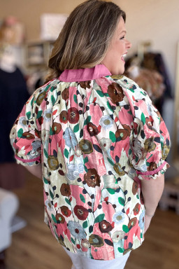 Plus Size Pink V Neck Short Puff Sleeve  Floral Blouse