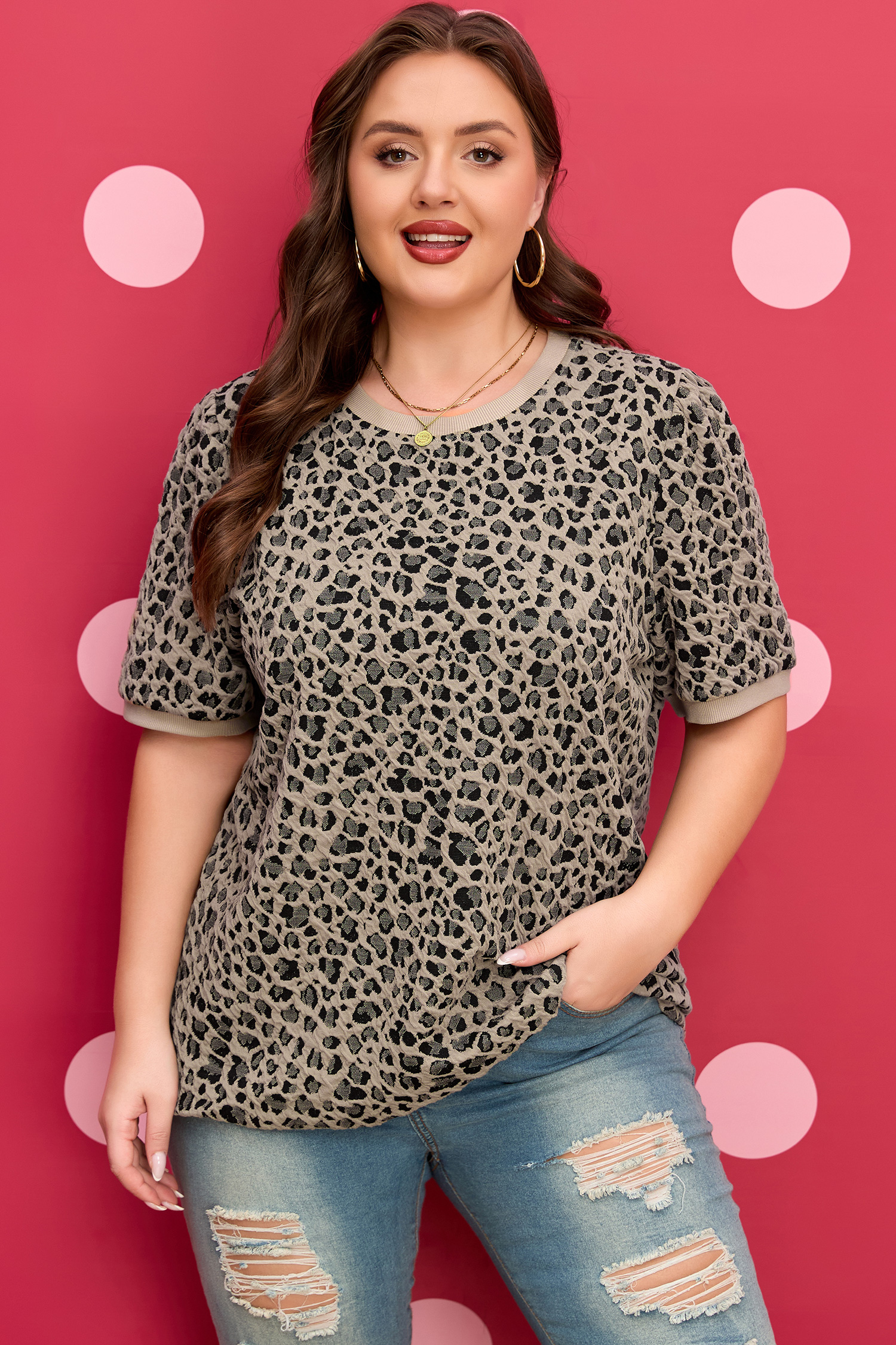 Plus Size Khaki Leopard Print Textured  T Shirt