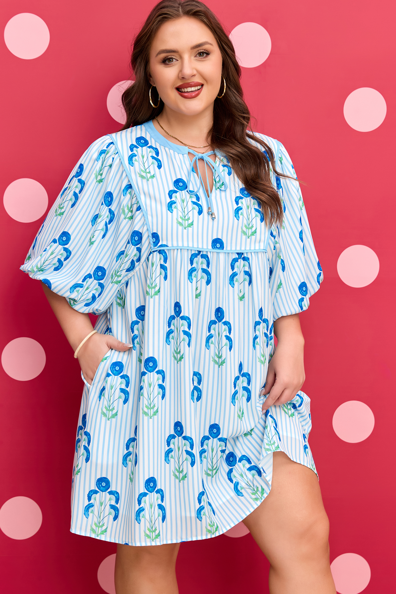Plus Size Sky Blue Floral Striped Bubble Short Sleeve  Dress