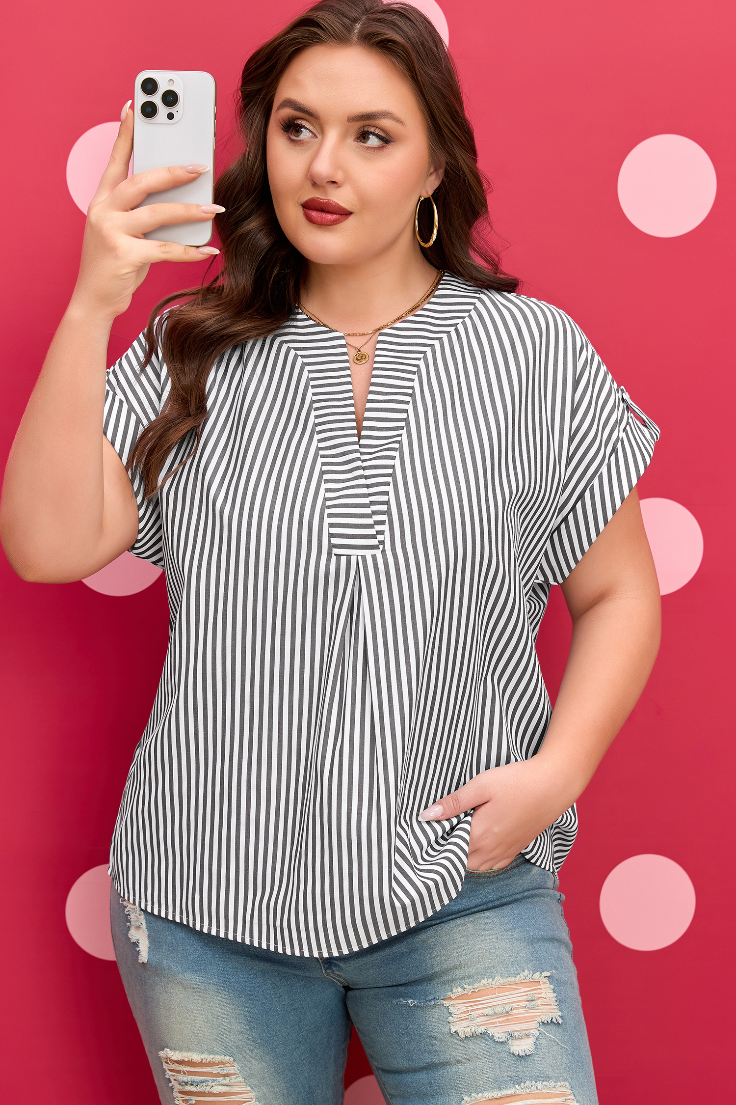 Plus Size Black Stripe  V Neck Roll-tab Short Dolman Sleeve Blouse