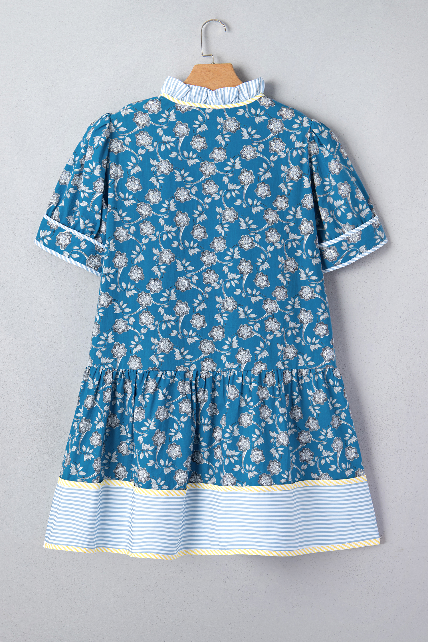 Plus Size Blue  Floral Print Striped Patchwork Detail Button Front Ruffle Hem Dress