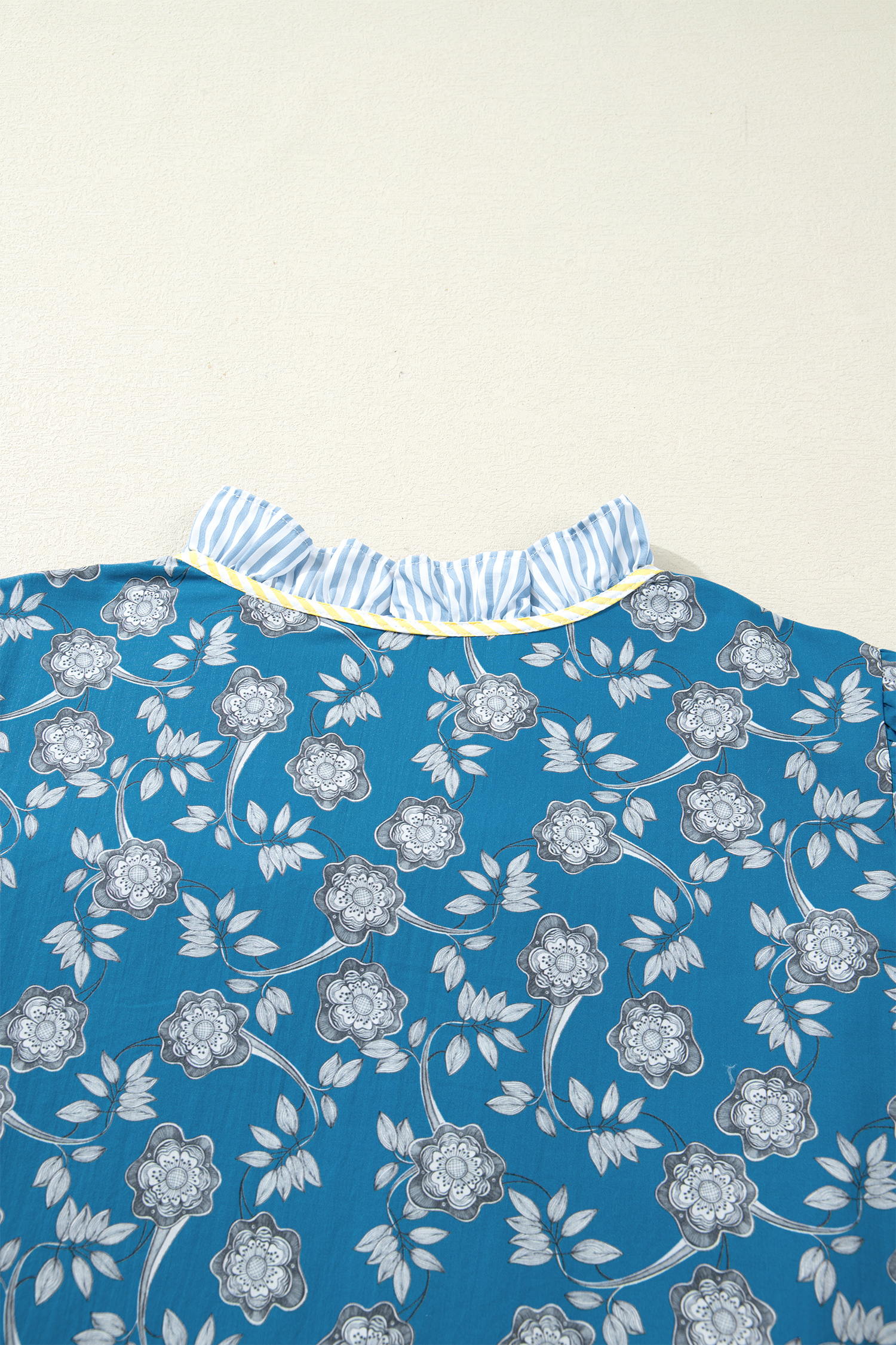 Plus Size Blue  Floral Print Striped Patchwork Detail Button Front Ruffle Hem Dress