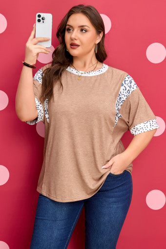 Plus Size Chestnut Animal Color Block Patchwork  Tee