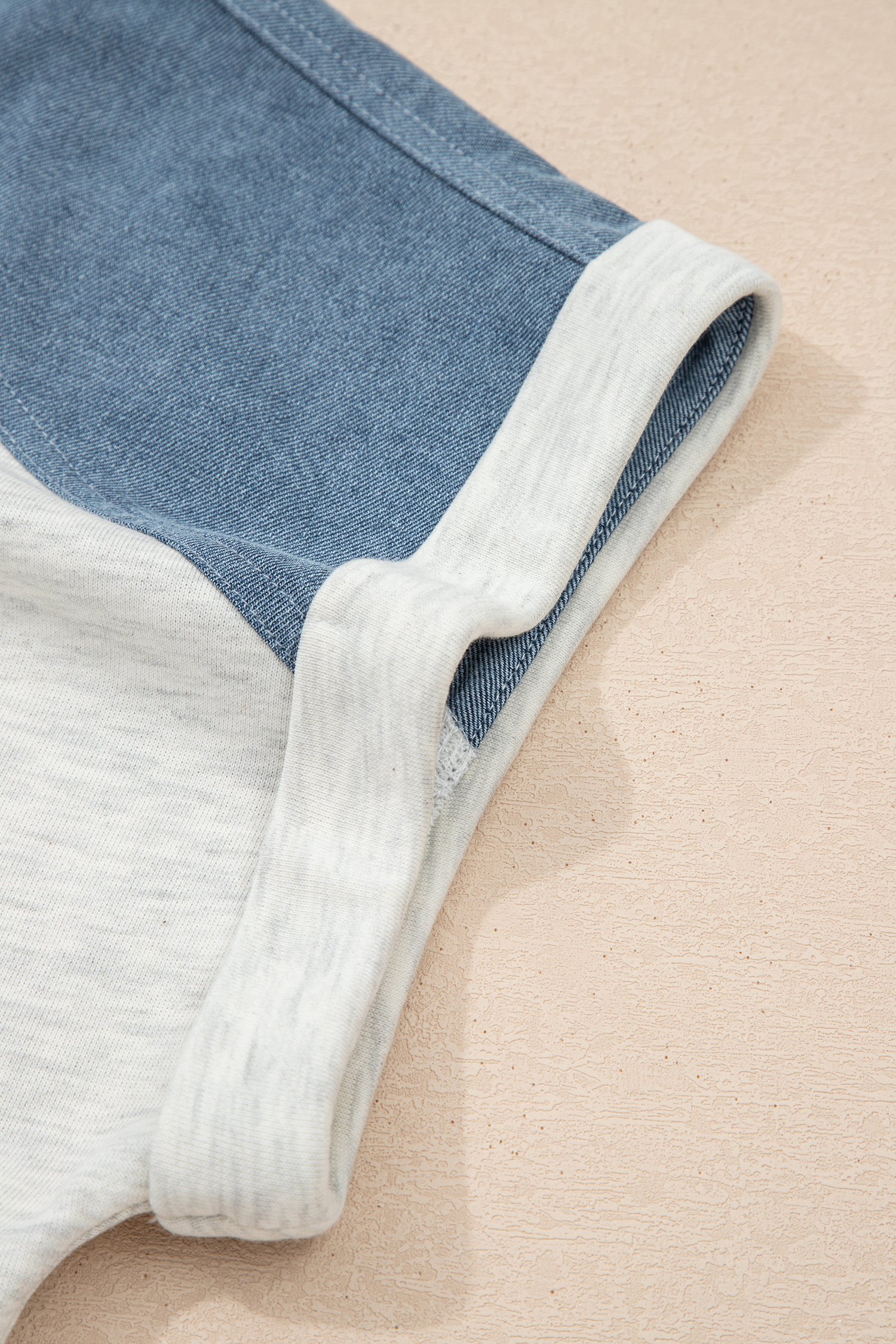 Plus Size Beige  Contrast Denim Patchwork Cuffed Sleeve Polo Tee