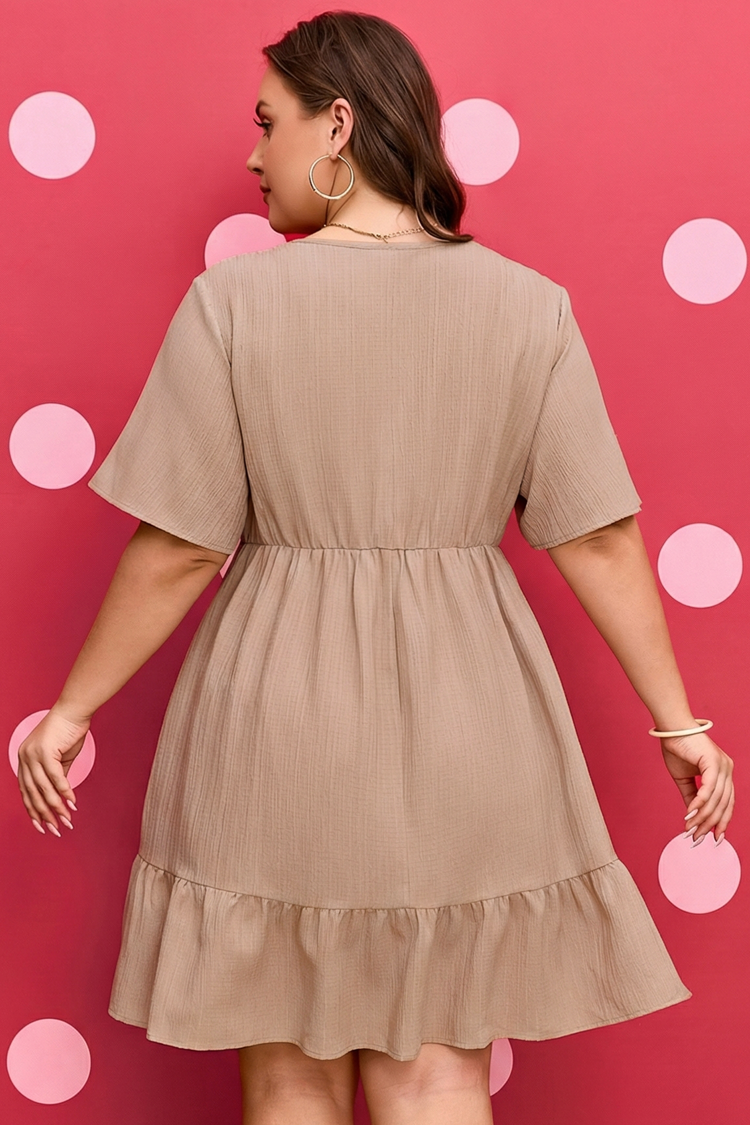 Plus Size Dark Khaki  Textured Ruffled Short Sleeve Dress