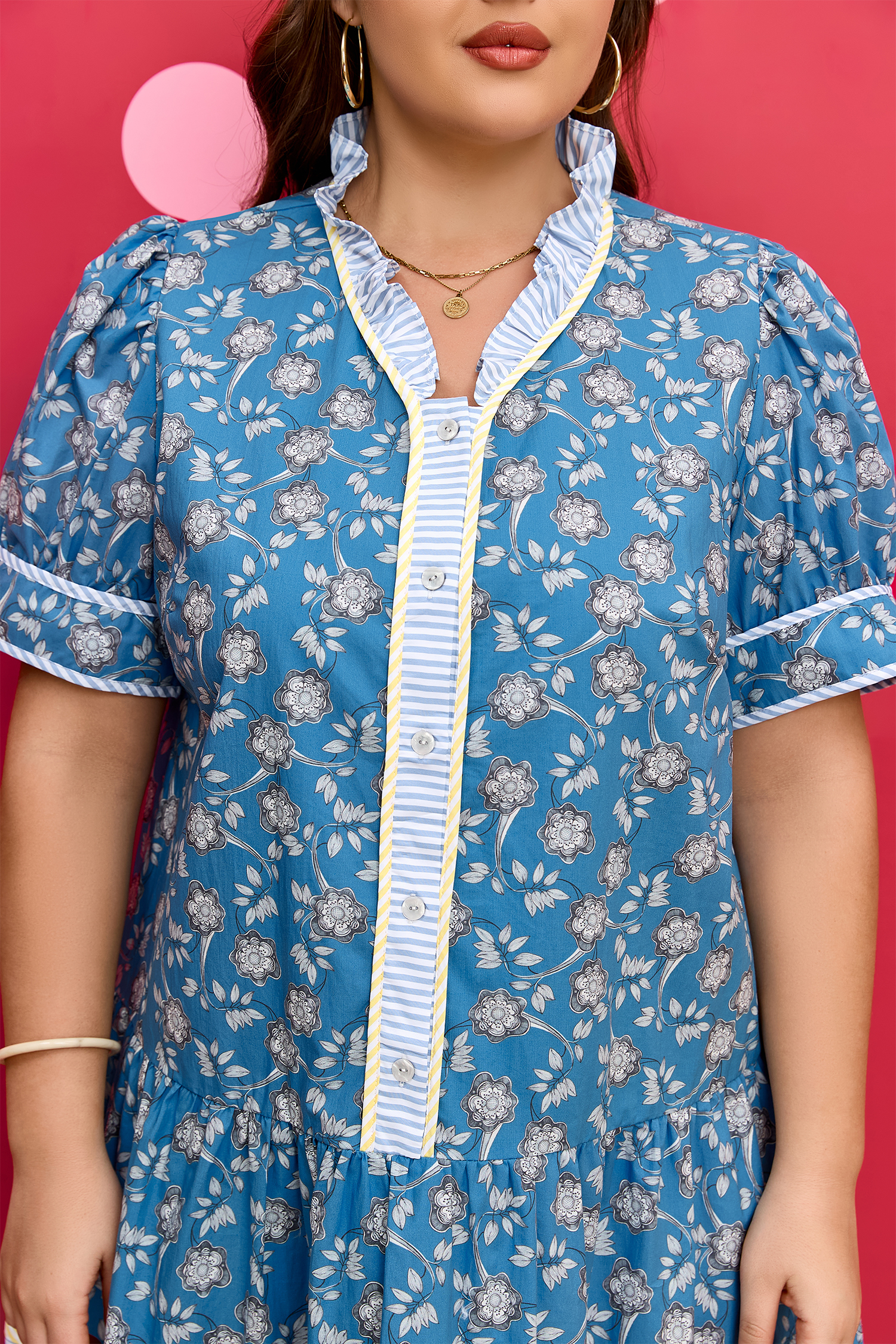 Plus Size Blue  Floral Print Striped Patchwork Detail Button Front Ruffle Hem Dress