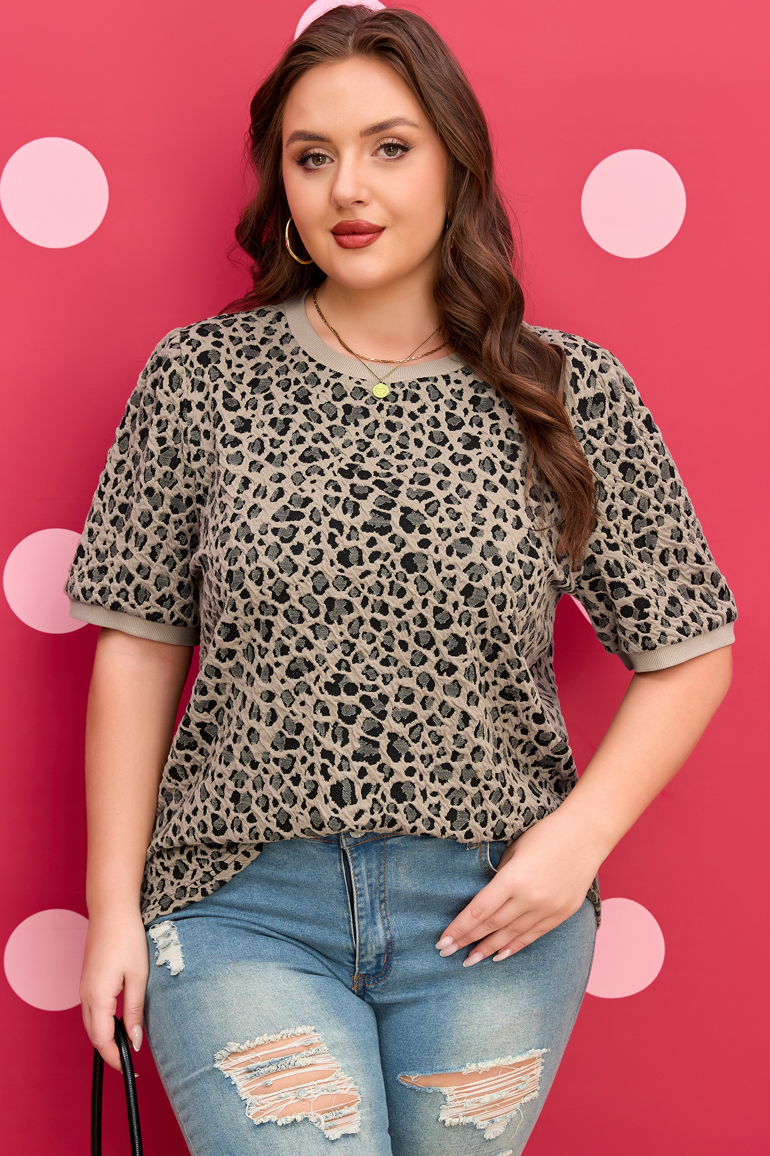 Plus Size Khaki Leopard Print Textured  T Shirt