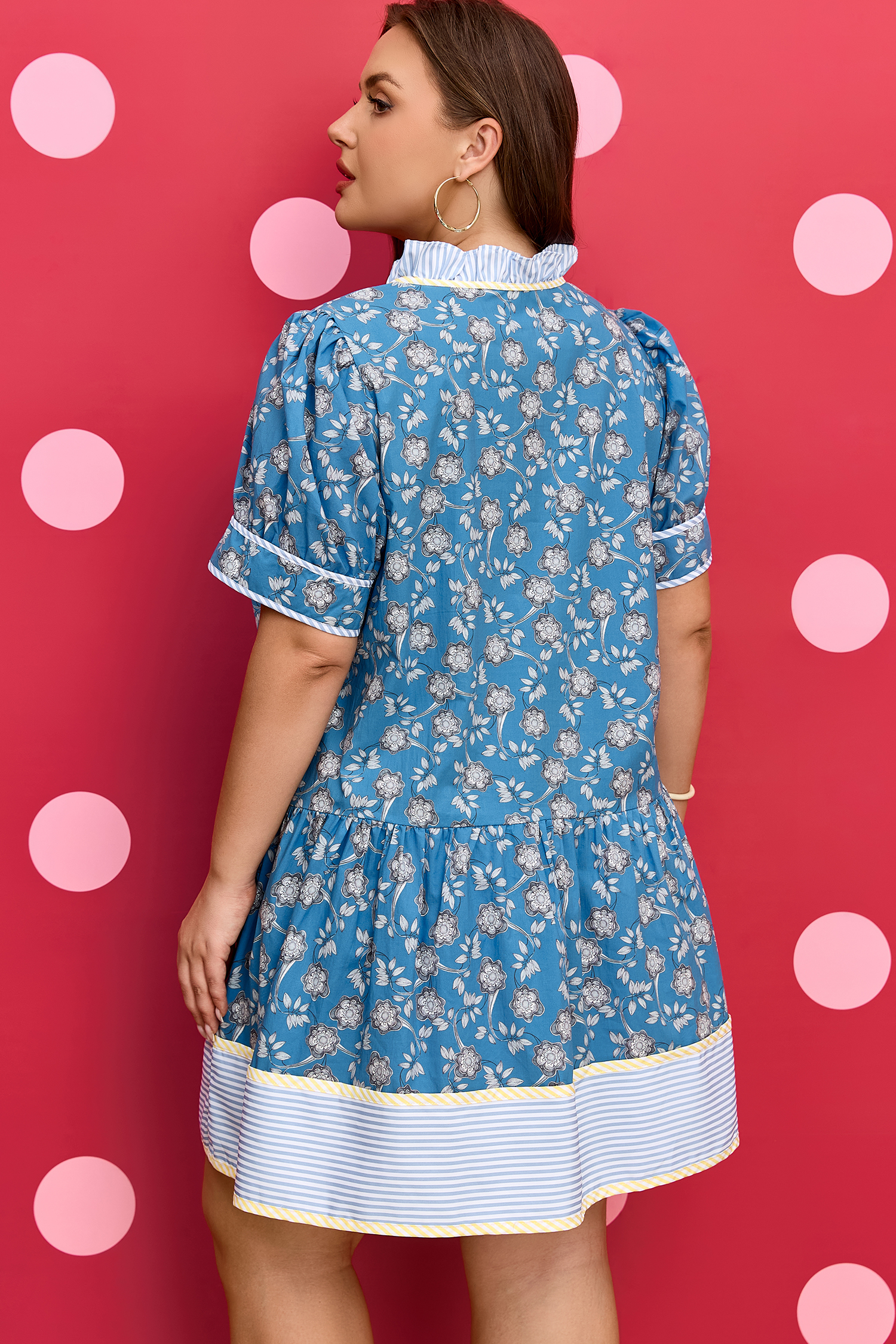 Plus Size Blue  Floral Print Striped Patchwork Detail Button Front Ruffle Hem Dress