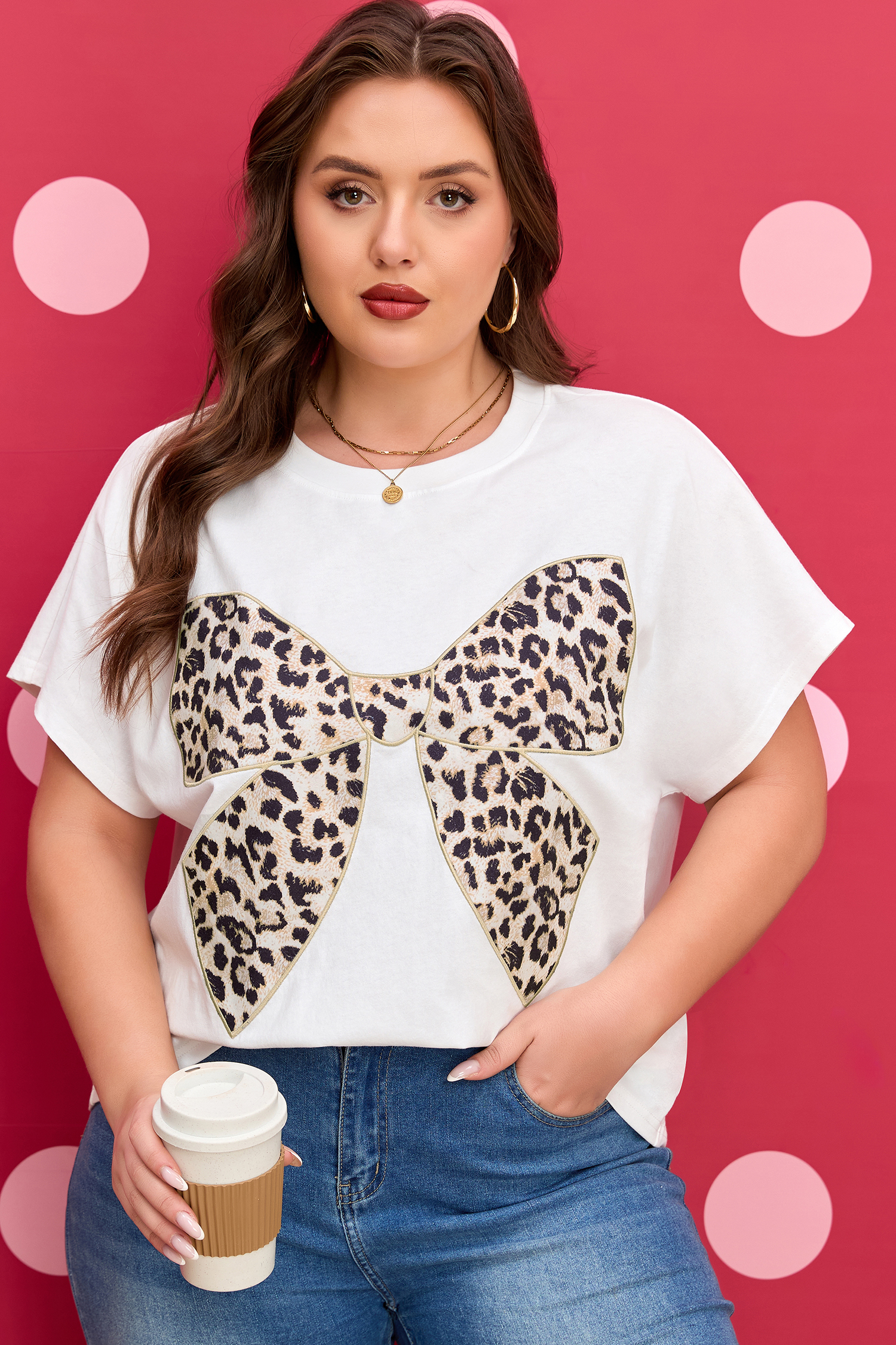 Plus Size White  Leopard Bow Embroidered Patch Casual T Shirt