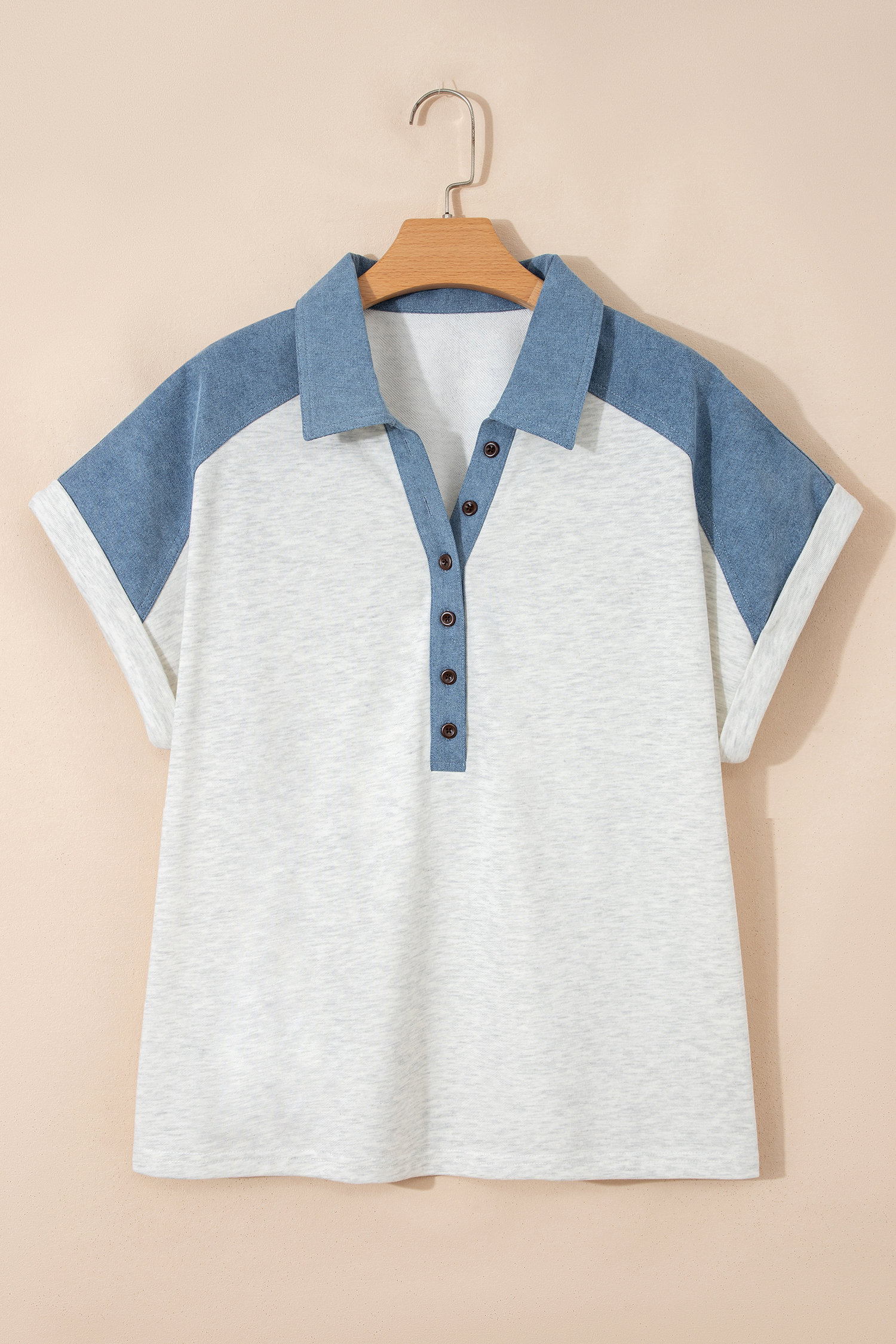 Plus Size Beige  Contrast Denim Patchwork Cuffed Sleeve Polo Tee
