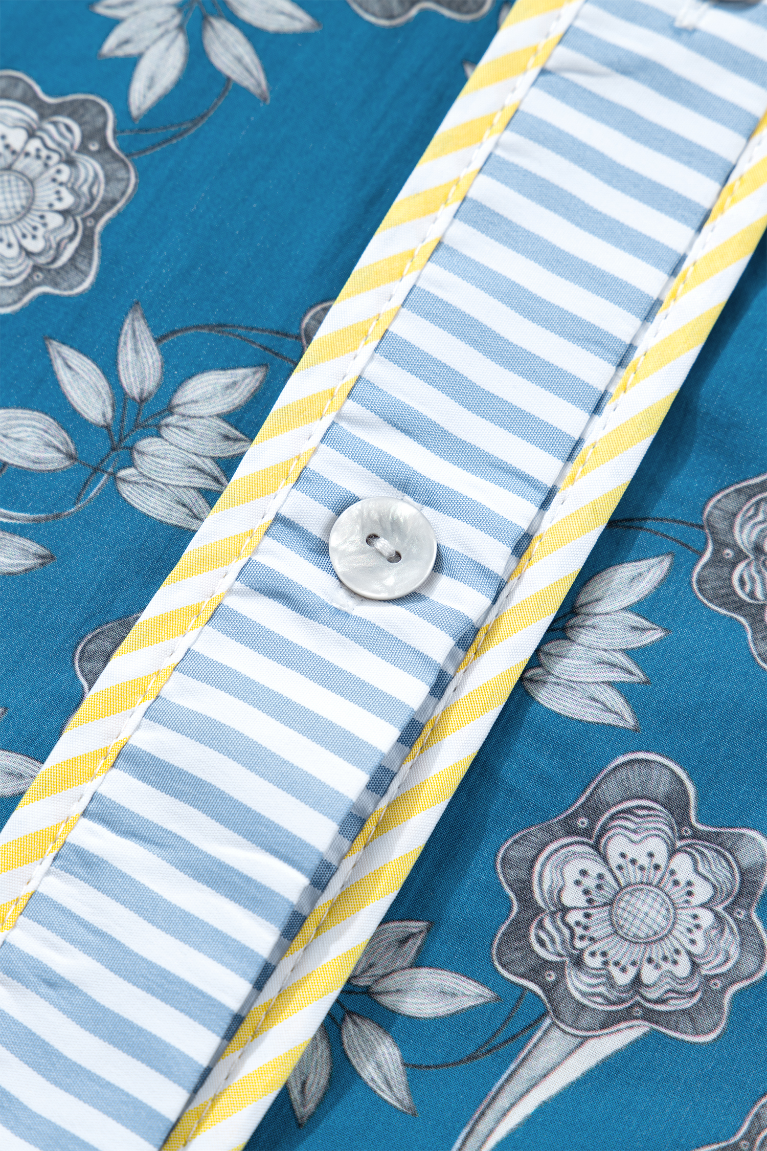 Plus Size Blue  Floral Print Striped Patchwork Detail Button Front Ruffle Hem Dress