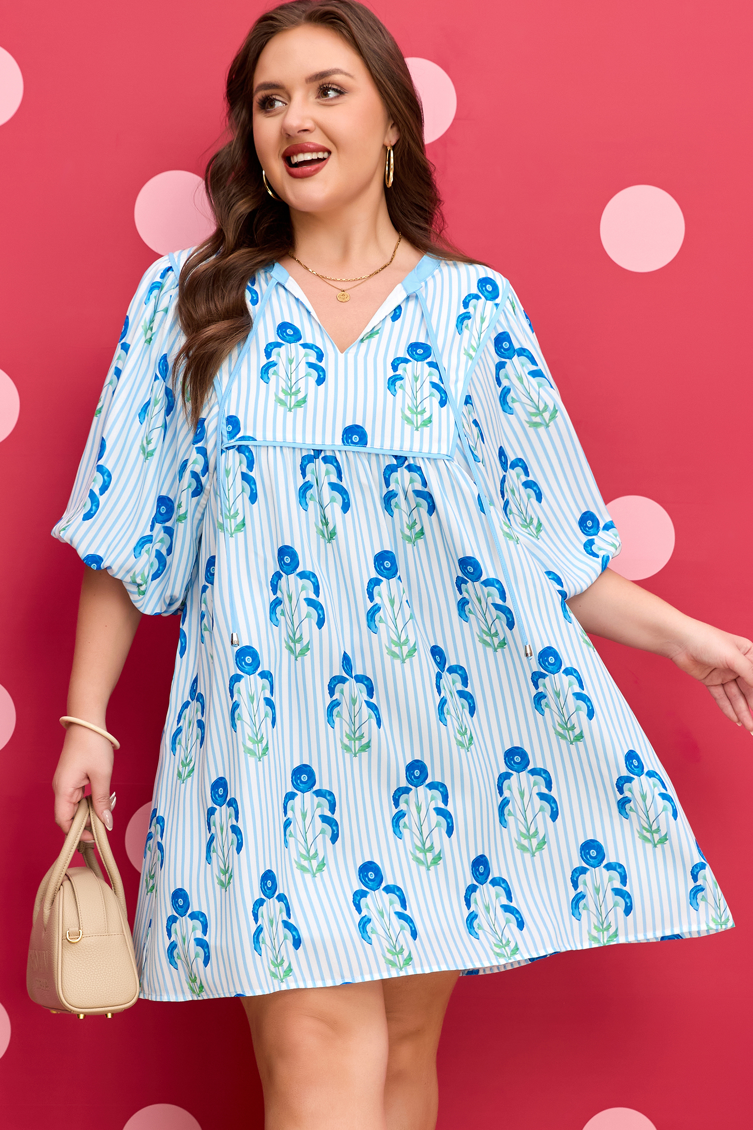 Plus Size Sky Blue Floral Striped Bubble Short Sleeve  Dress