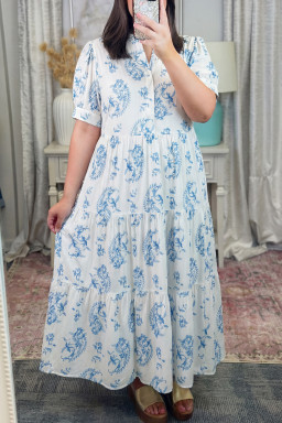 Plus Size Sky Blue  Geometric Floral Print Button Split Neck Short Sleeve Maxi Dress