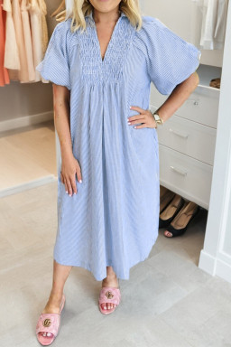 Plus Size Sky Blue Stripe Shirred Detail Collar V Neck  Midi Dress