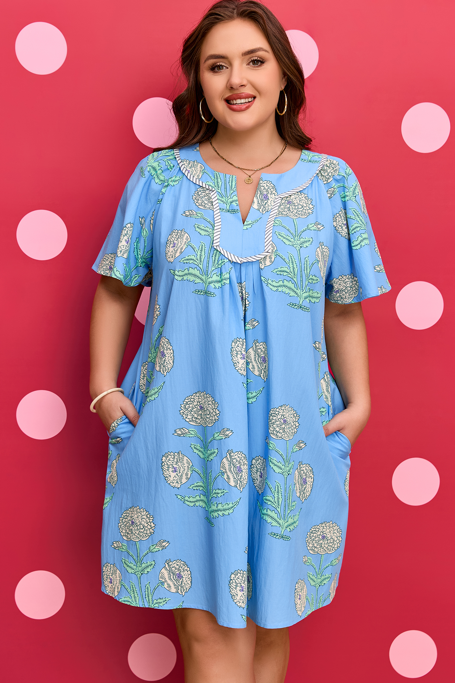 Sky Blue Plus Periwinkle Floral Printed Short Sleeve Striped Trim Split Neck Mini Dress