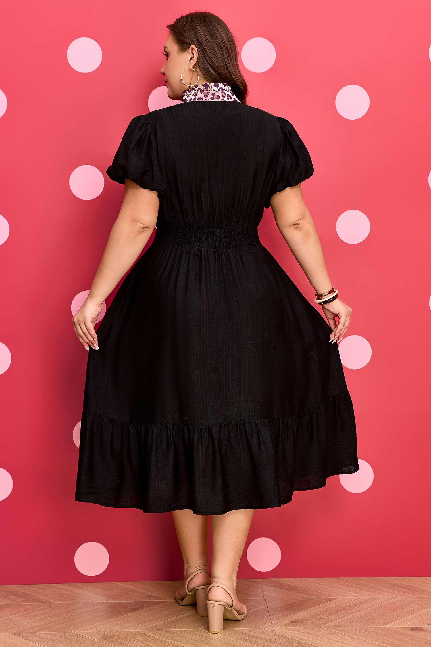 Plus Size Black Leopard V Neck Patchwork Smocked Waist  Ruffled Dress