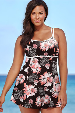 Plus Size Black  Ribbed Contrast Trim Adjustable Straps 2pcs Swimsuit