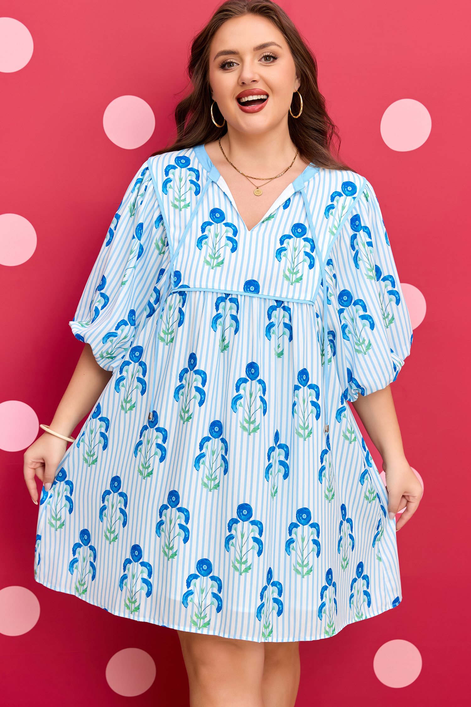 Plus Size Sky Blue Floral Striped Bubble Short Sleeve  Dress