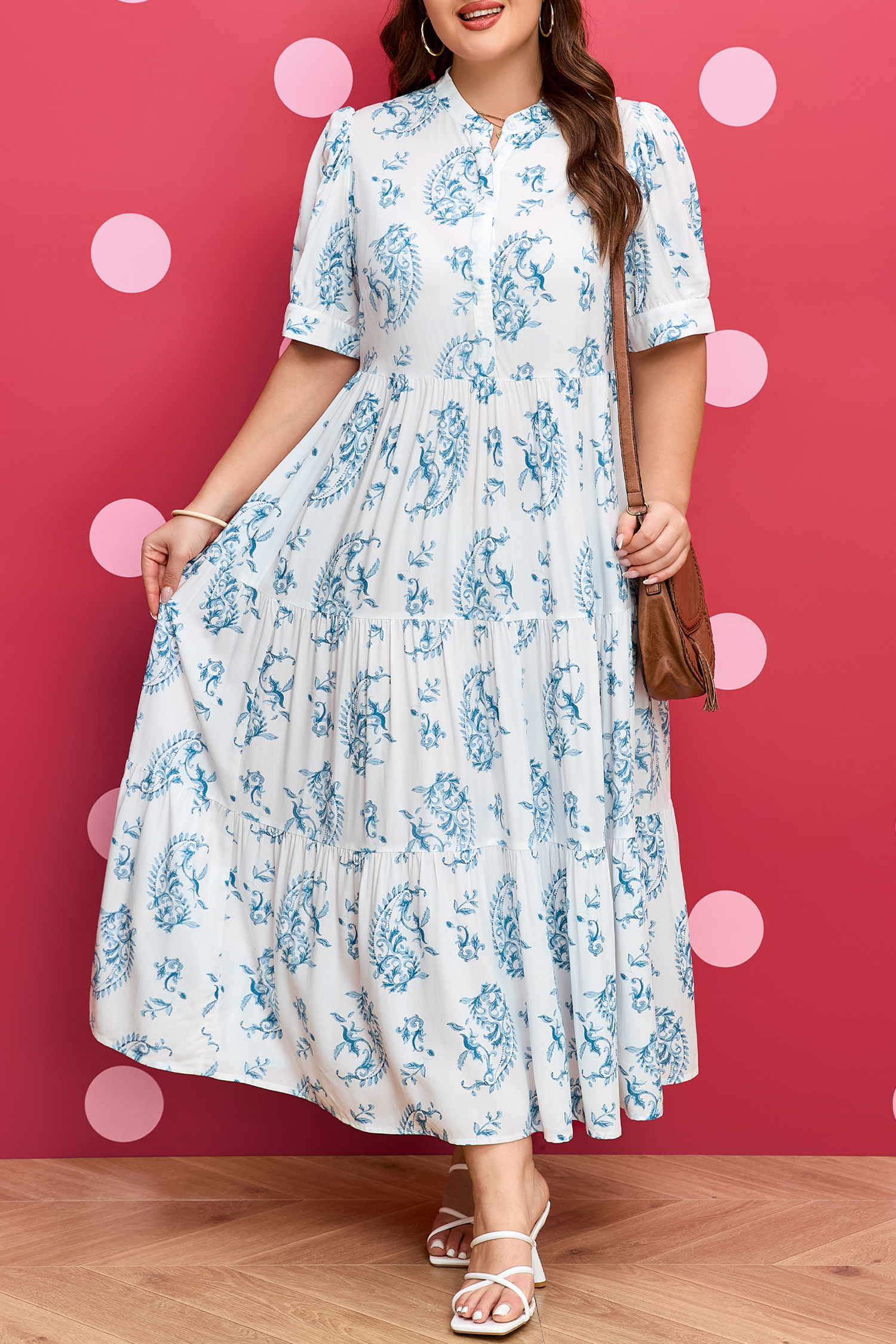 Plus Size Sky Blue  Geometric Floral Print Button Split Neck Short Sleeve Maxi Dress
