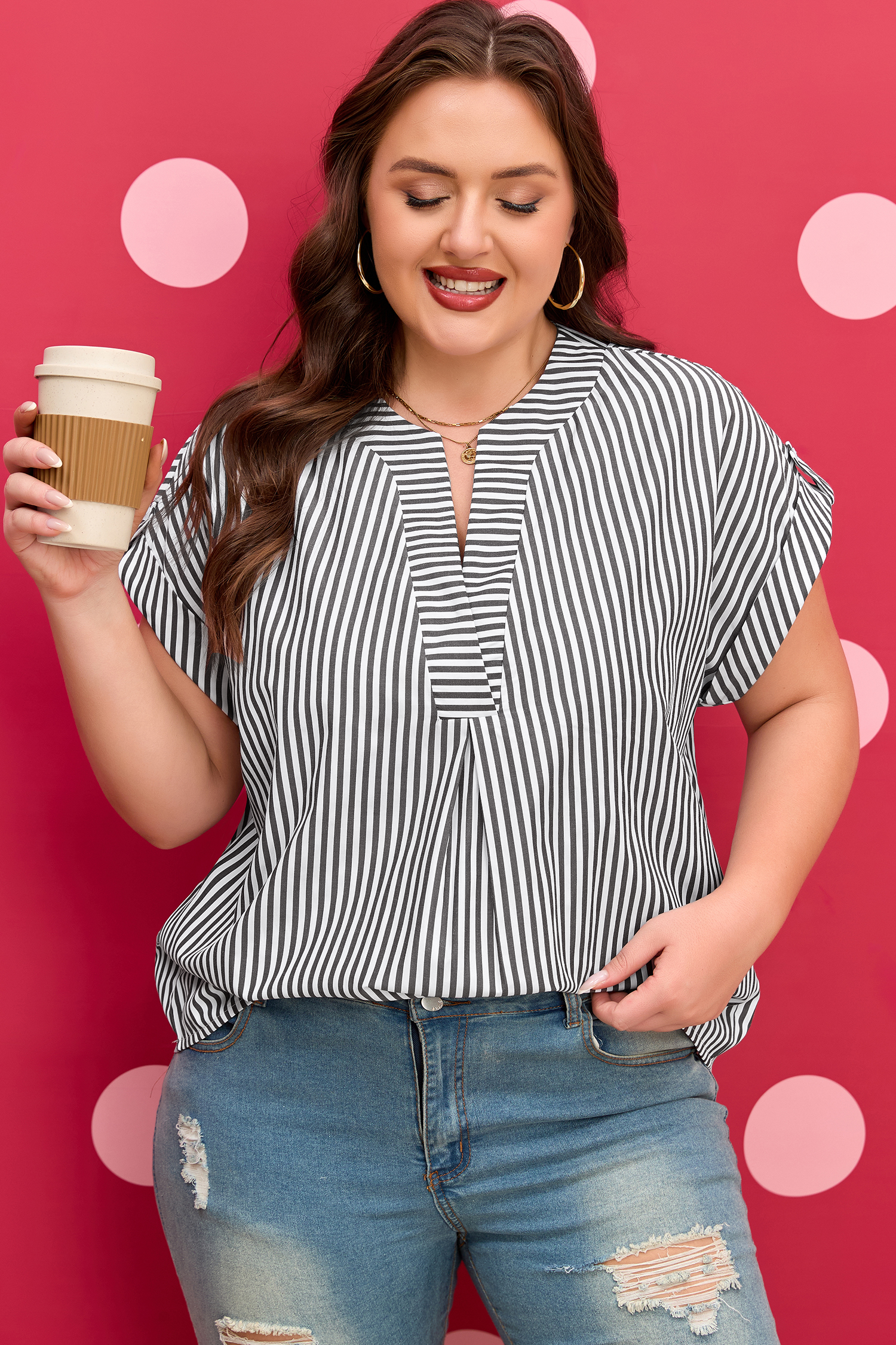 Plus Size Black Stripe  V Neck Roll-tab Short Dolman Sleeve Blouse
