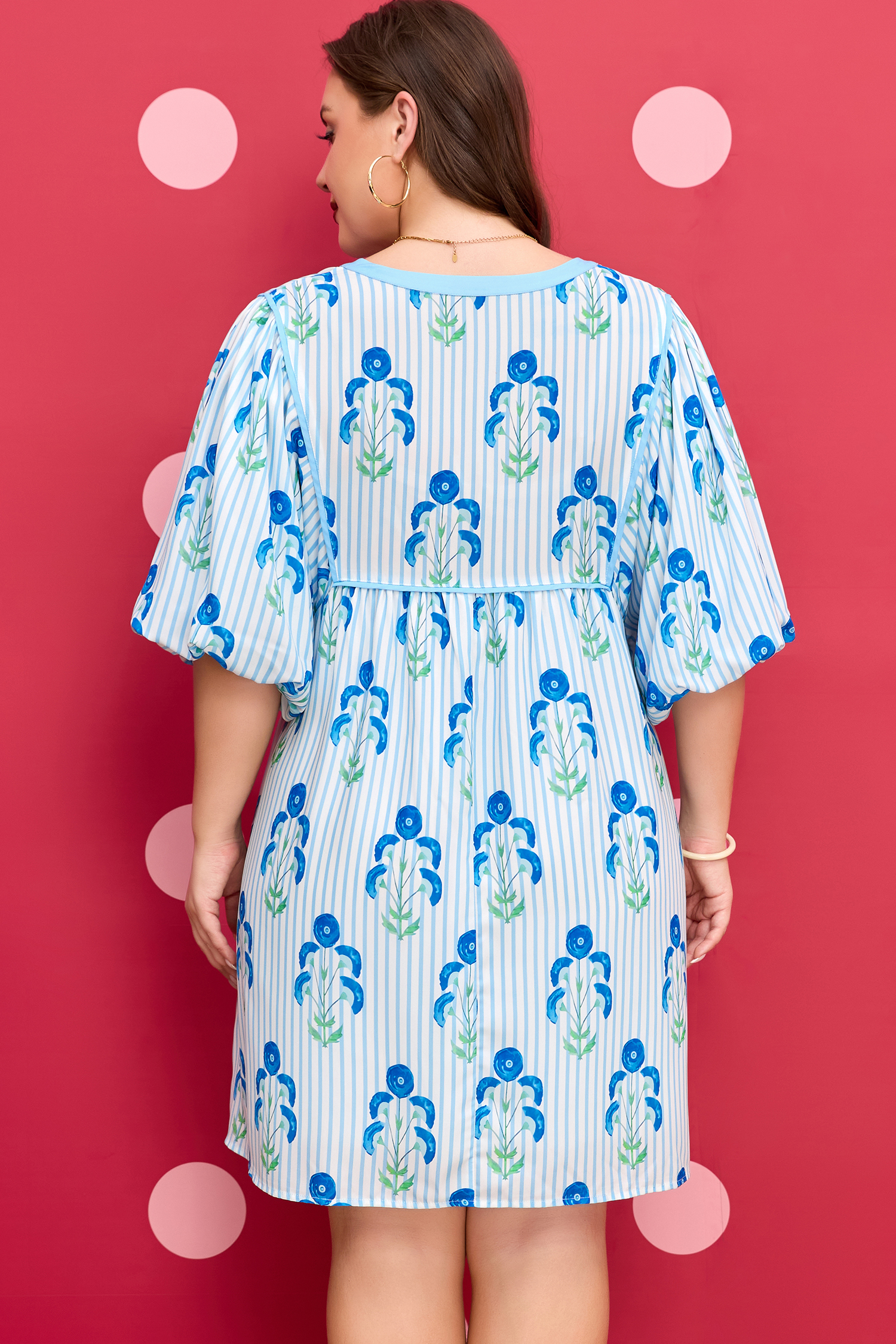 Plus Size Sky Blue Floral Striped Bubble Short Sleeve  Dress