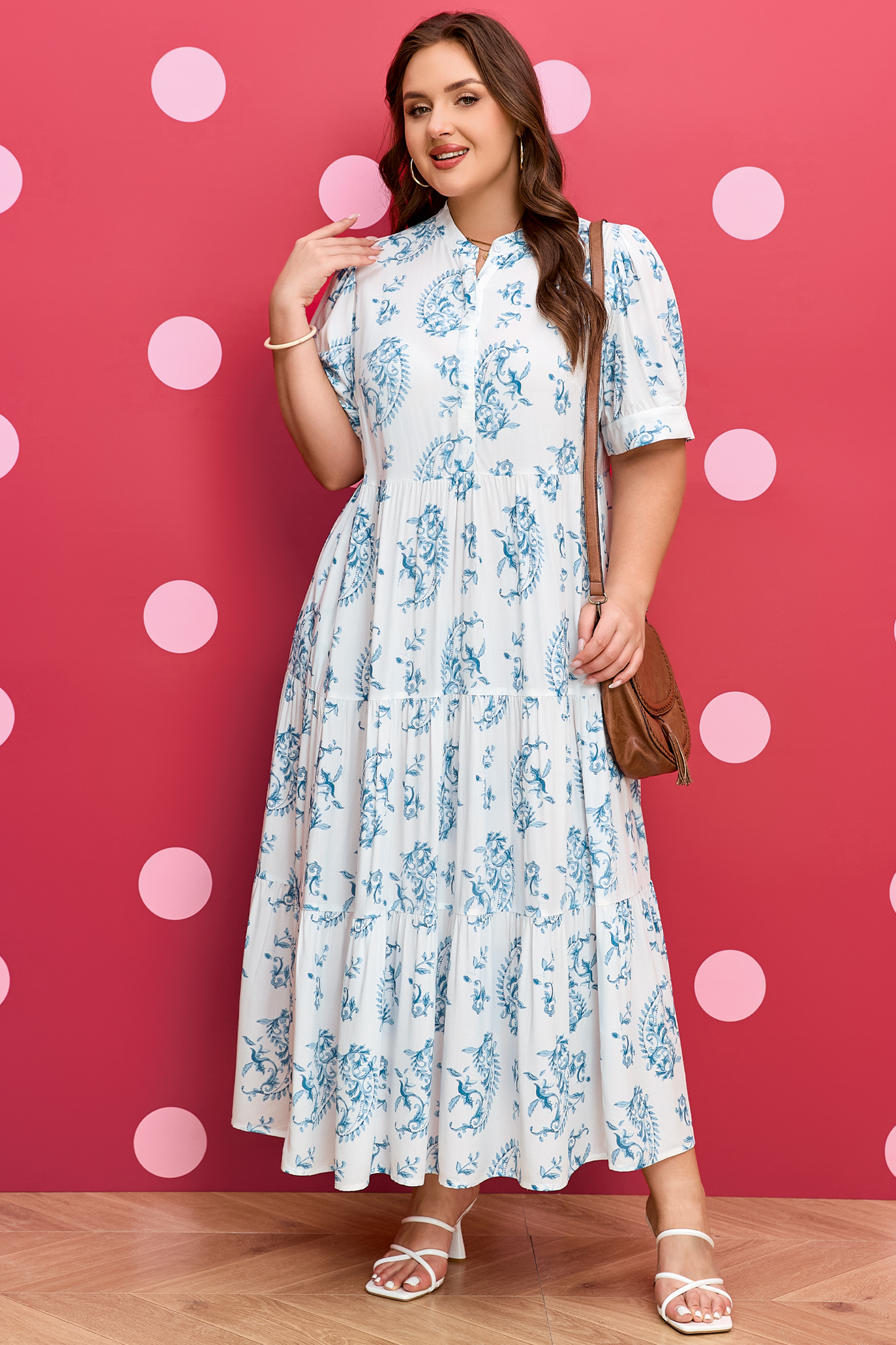 Plus Size Sky Blue  Geometric Floral Print Button Split Neck Short Sleeve Maxi Dress