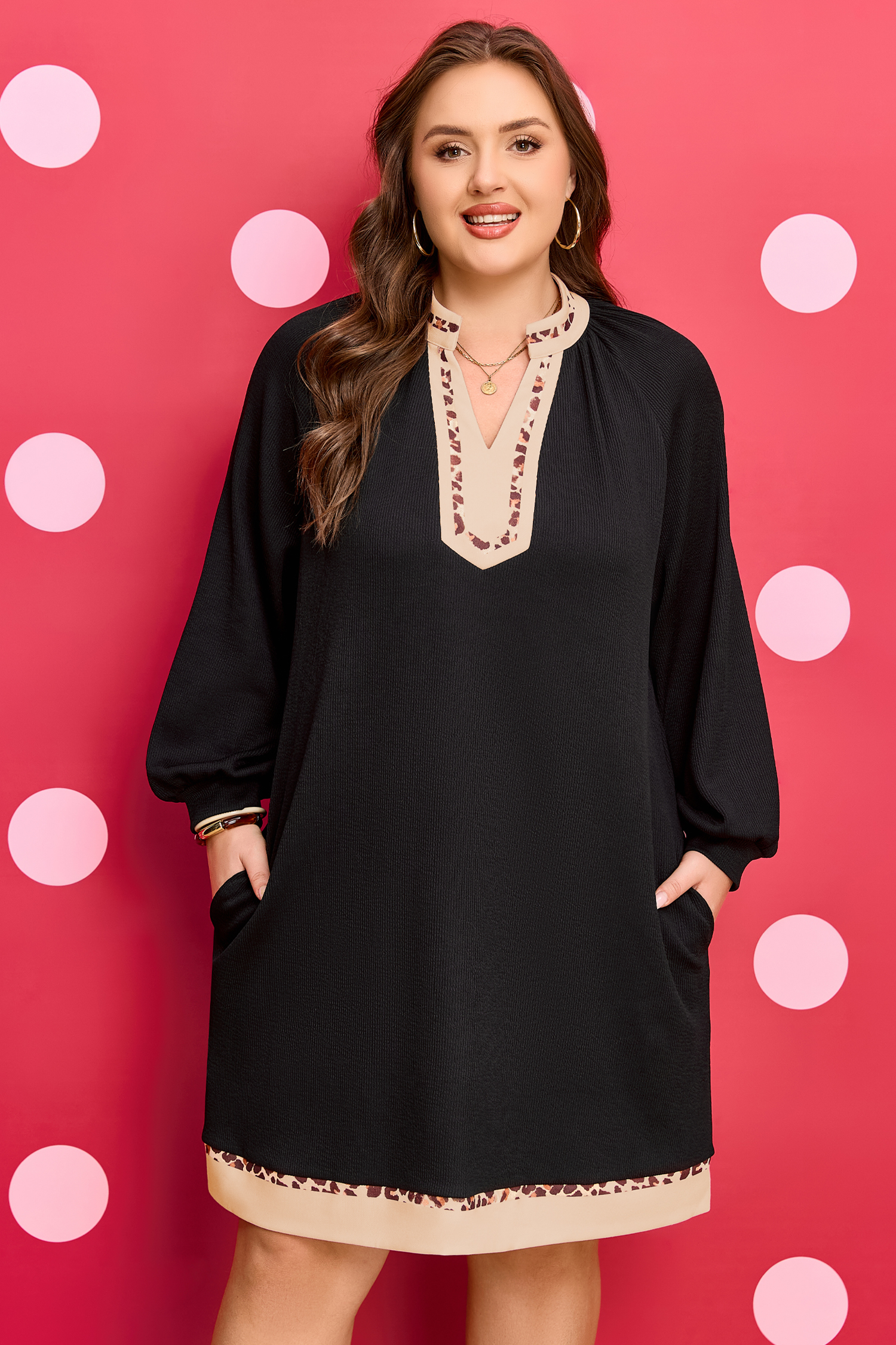 Plus Size Black Contrast Color Block Leopard Trim  Ribbed Dress