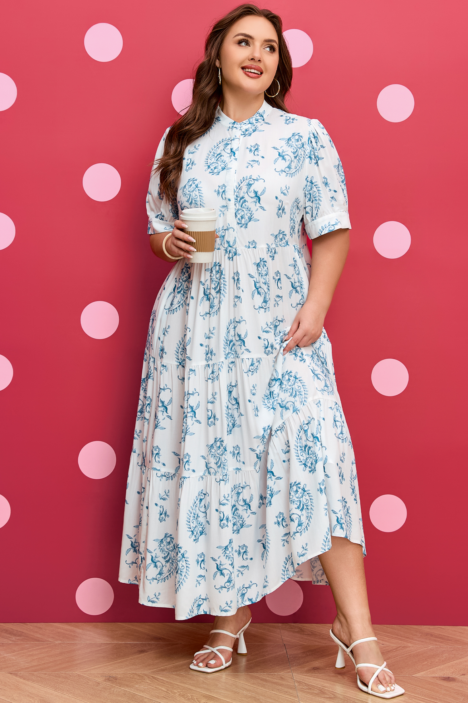 Plus Size Sky Blue  Geometric Floral Print Button Split Neck Short Sleeve Maxi Dress