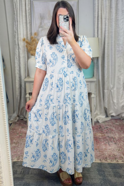 Plus Size Sky Blue  Geometric Floral Print Button Split Neck Short Sleeve Maxi Dress