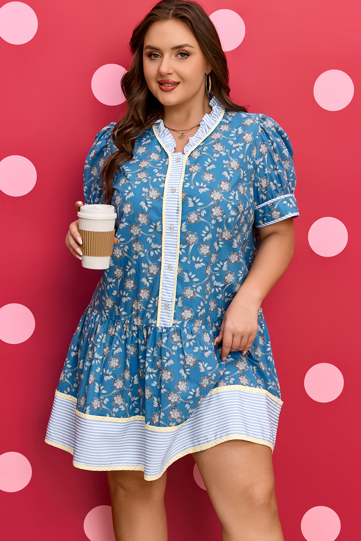 Plus Size Blue  Floral Print Striped Patchwork Detail Button Front Ruffle Hem Dress