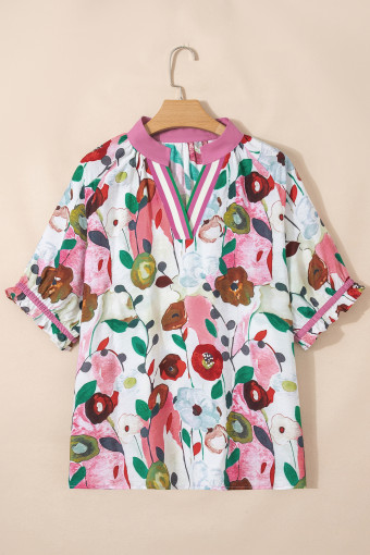 Plus Size Pink V Neck Short Puff Sleeve  Floral Blouse