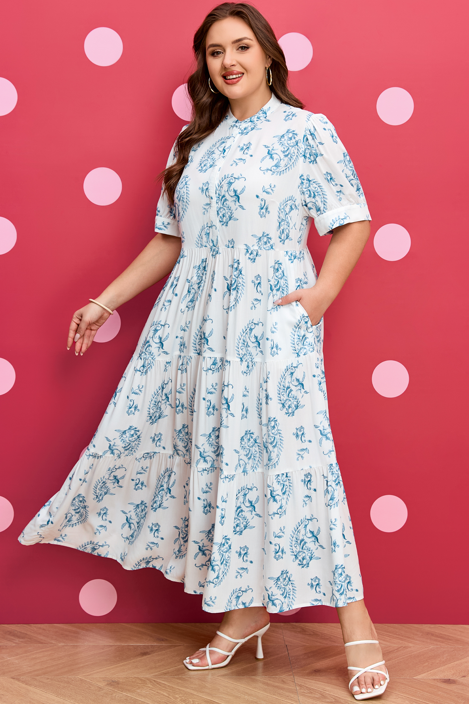 Plus Size Sky Blue  Geometric Floral Print Button Split Neck Short Sleeve Maxi Dress
