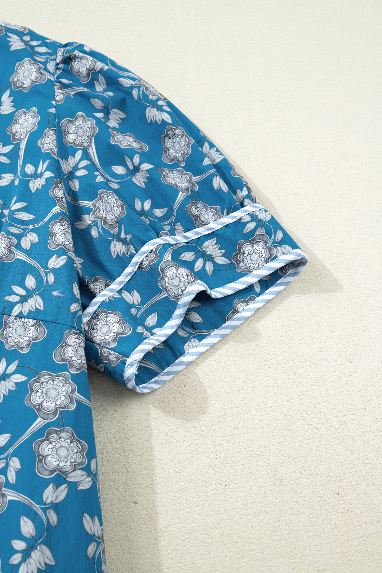 Plus Size Blue  Floral Print Striped Patchwork Detail Button Front Ruffle Hem Dress