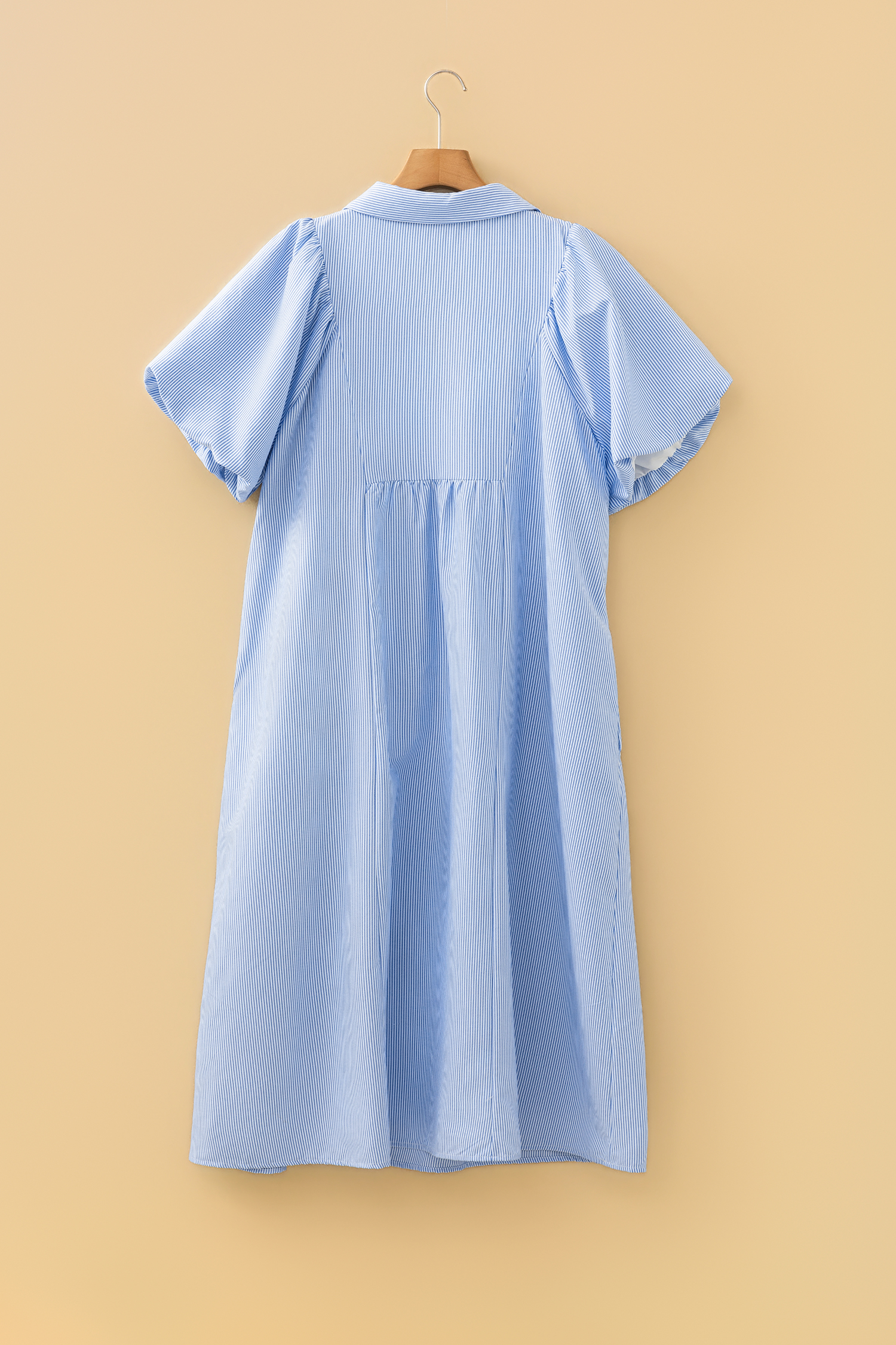 Plus Size Sky Blue Stripe Shirred Detail Collar V Neck  Midi Dress