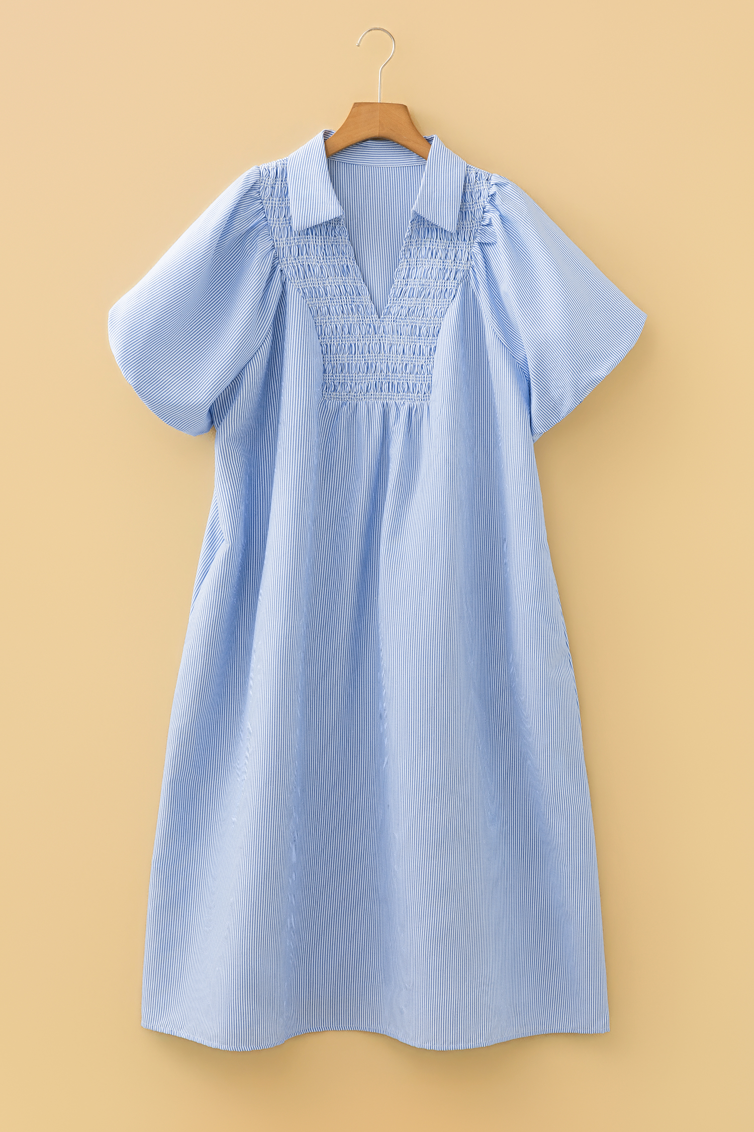 Plus Size Sky Blue Stripe Shirred Detail Collar V Neck  Midi Dress