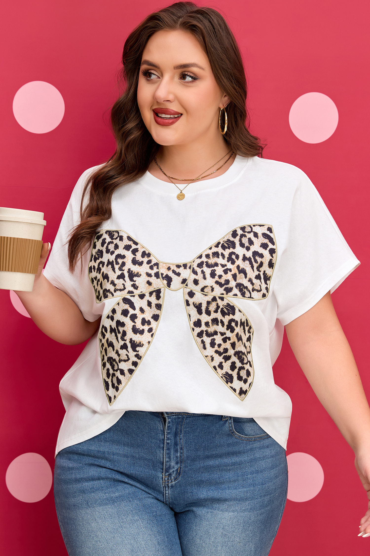 Plus Size White  Leopard Bow Embroidered Patch Casual T Shirt