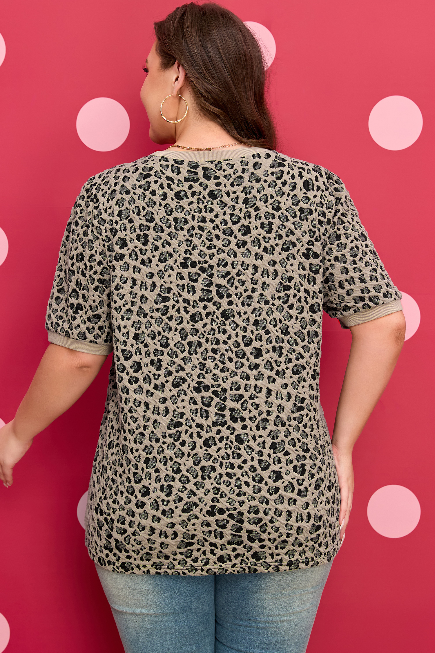 Plus Size Khaki Leopard Print Textured  T Shirt