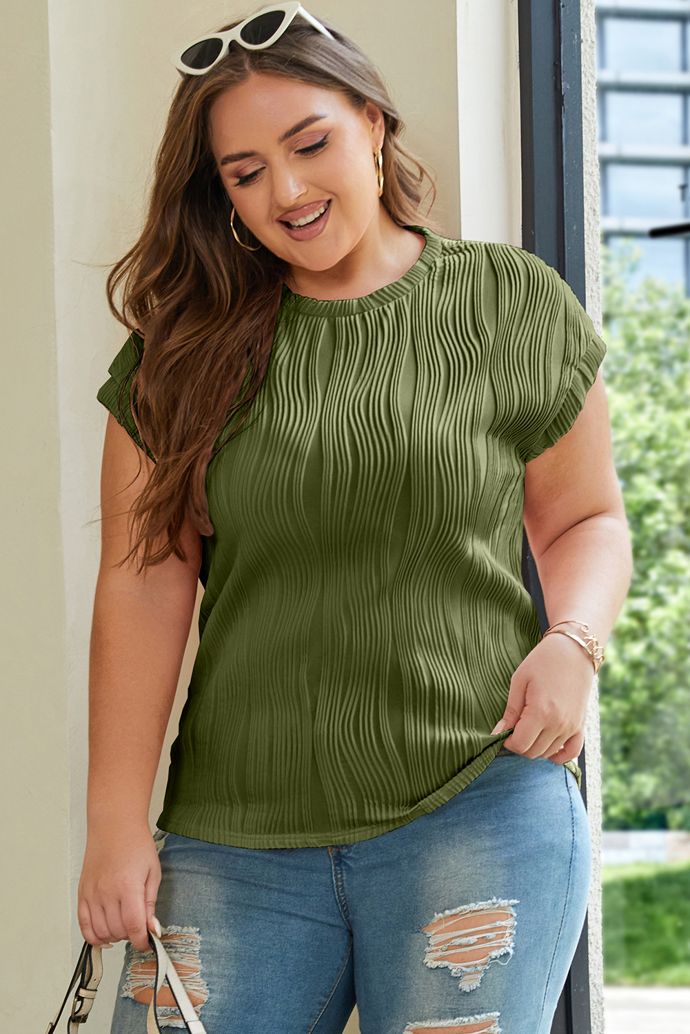 Plus Size Jungle Green Solid Color Wavy Textured  Tee