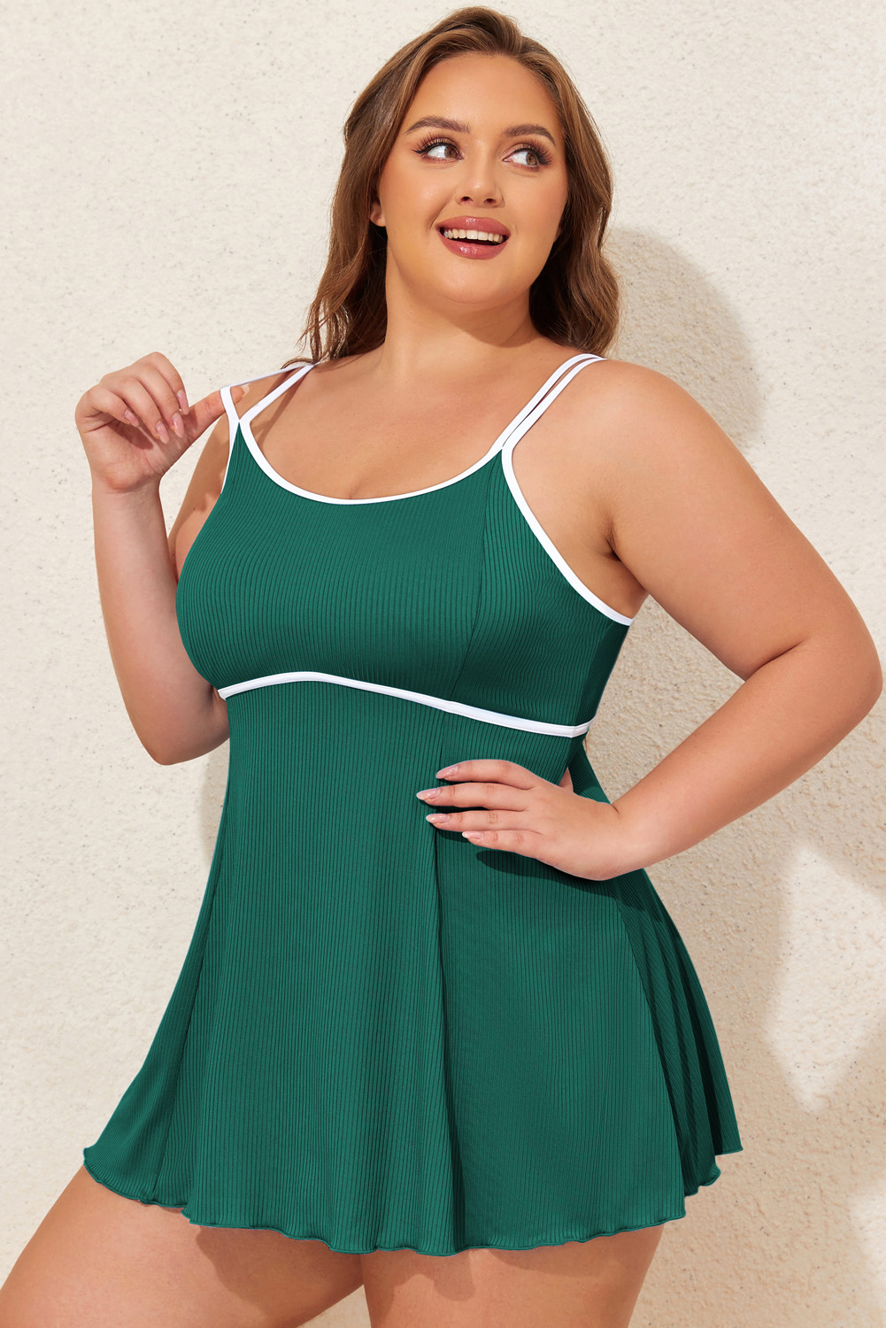 Plus Size Skobeloff  Ribbed Contrast Trim Adjustable Straps 2pcs Swimsuit