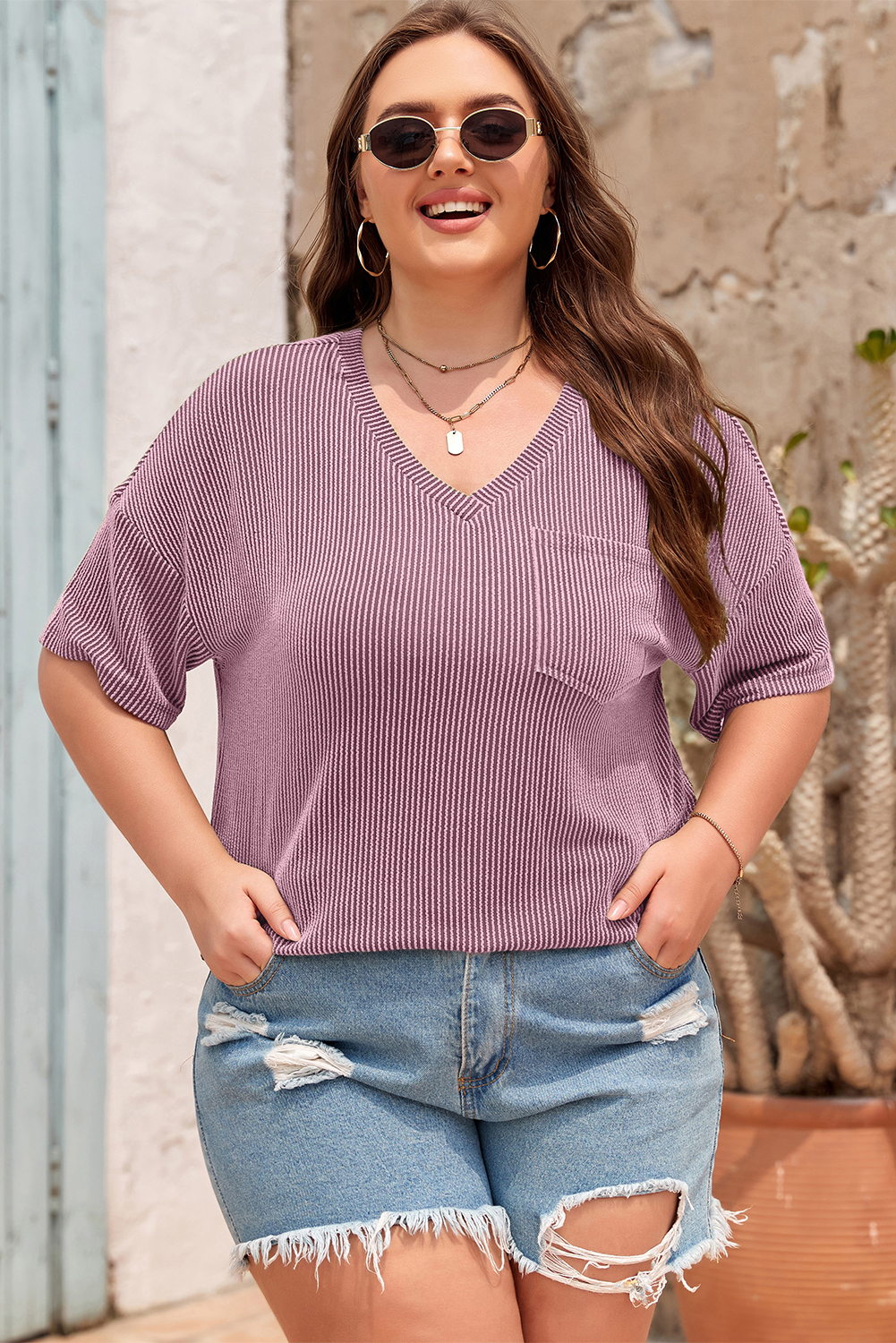 Valerian Textured V-Neck Dropped Shoulder Plus T-Shirt