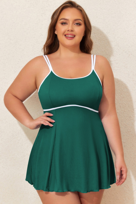 Plus Size Skobeloff  Ribbed Contrast Trim Adjustable Straps 2pcs Swimsuit