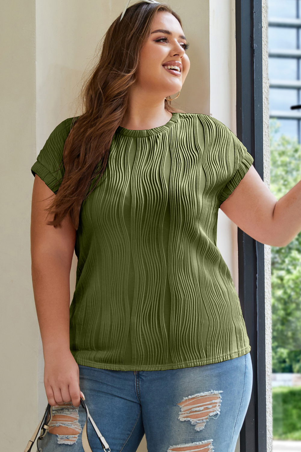Plus Size Jungle Green Solid Color Wavy Textured  Tee