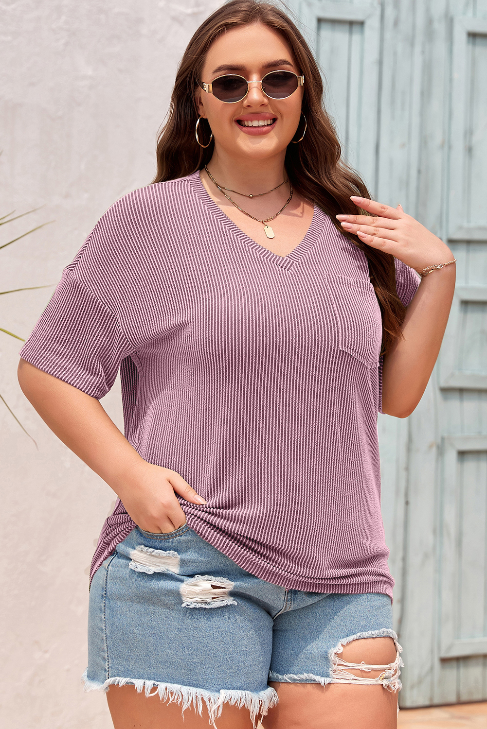 Valerian Textured V-Neck Dropped Shoulder Plus T-Shirt