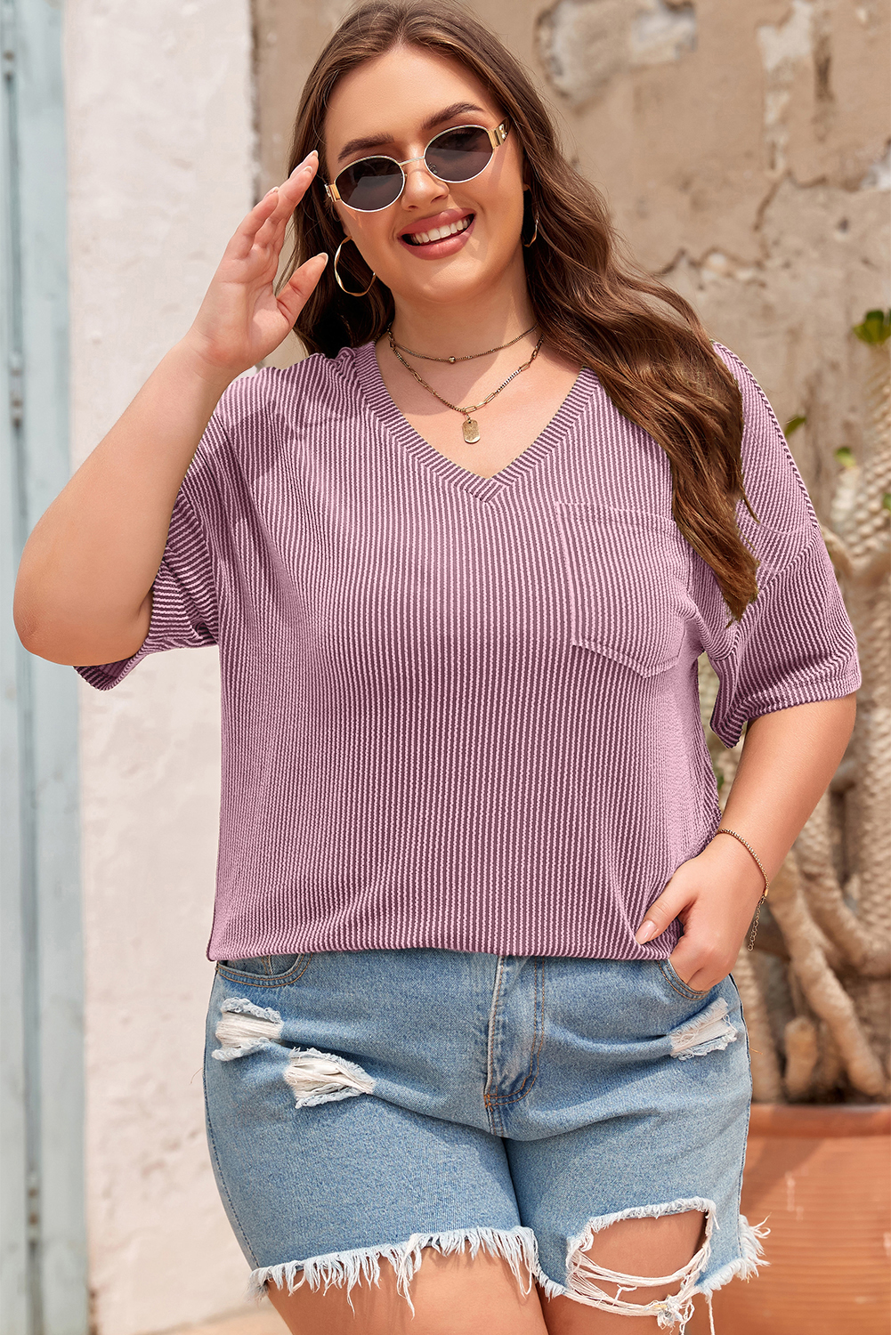 Valerian Textured V-Neck Dropped Shoulder Plus T-Shirt