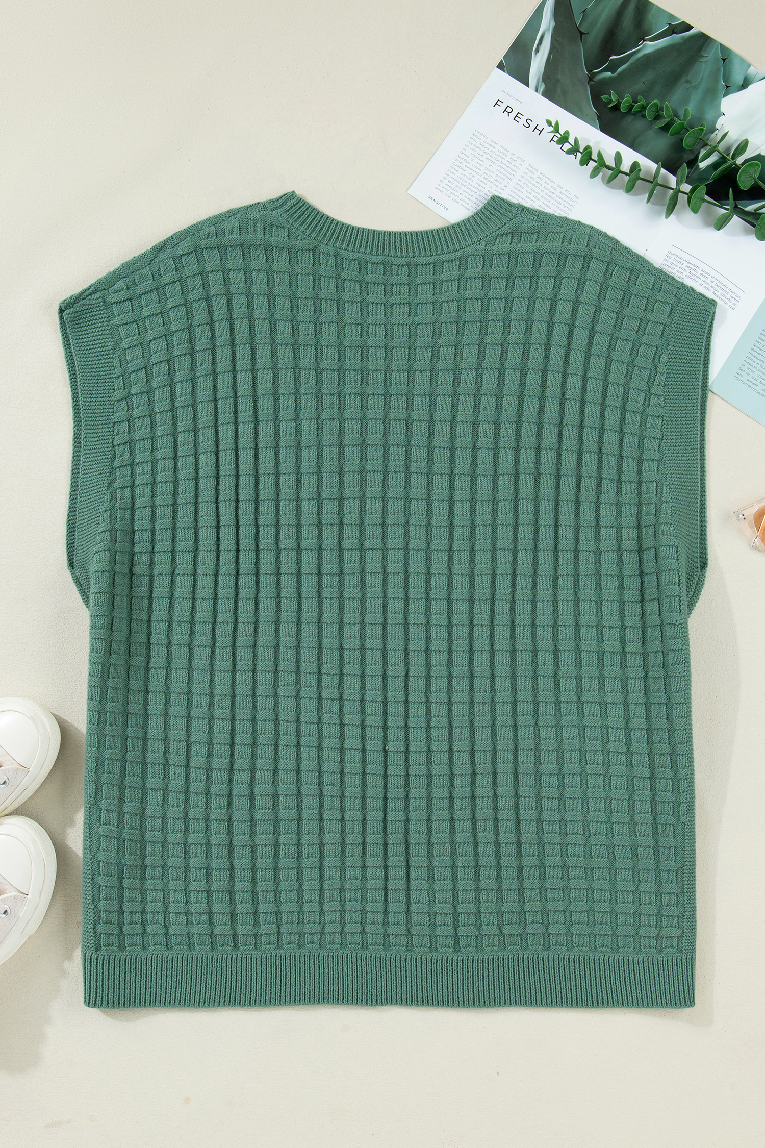 Plus Size Mist Green  Solid Color Textured Knit Short Sleeve Sweater