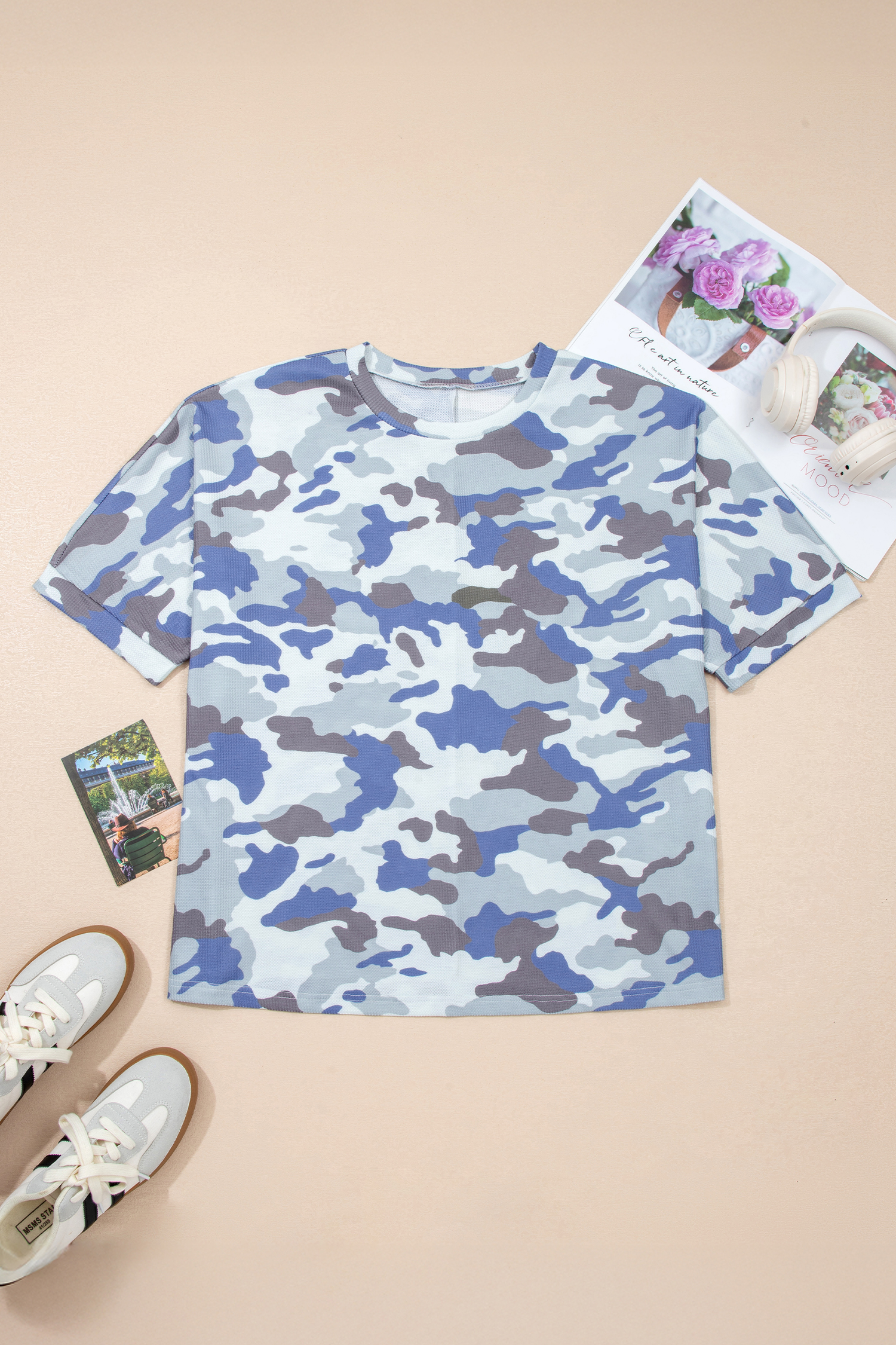 Plus Size Gray  Camouflage Print Textured Casual Tee
