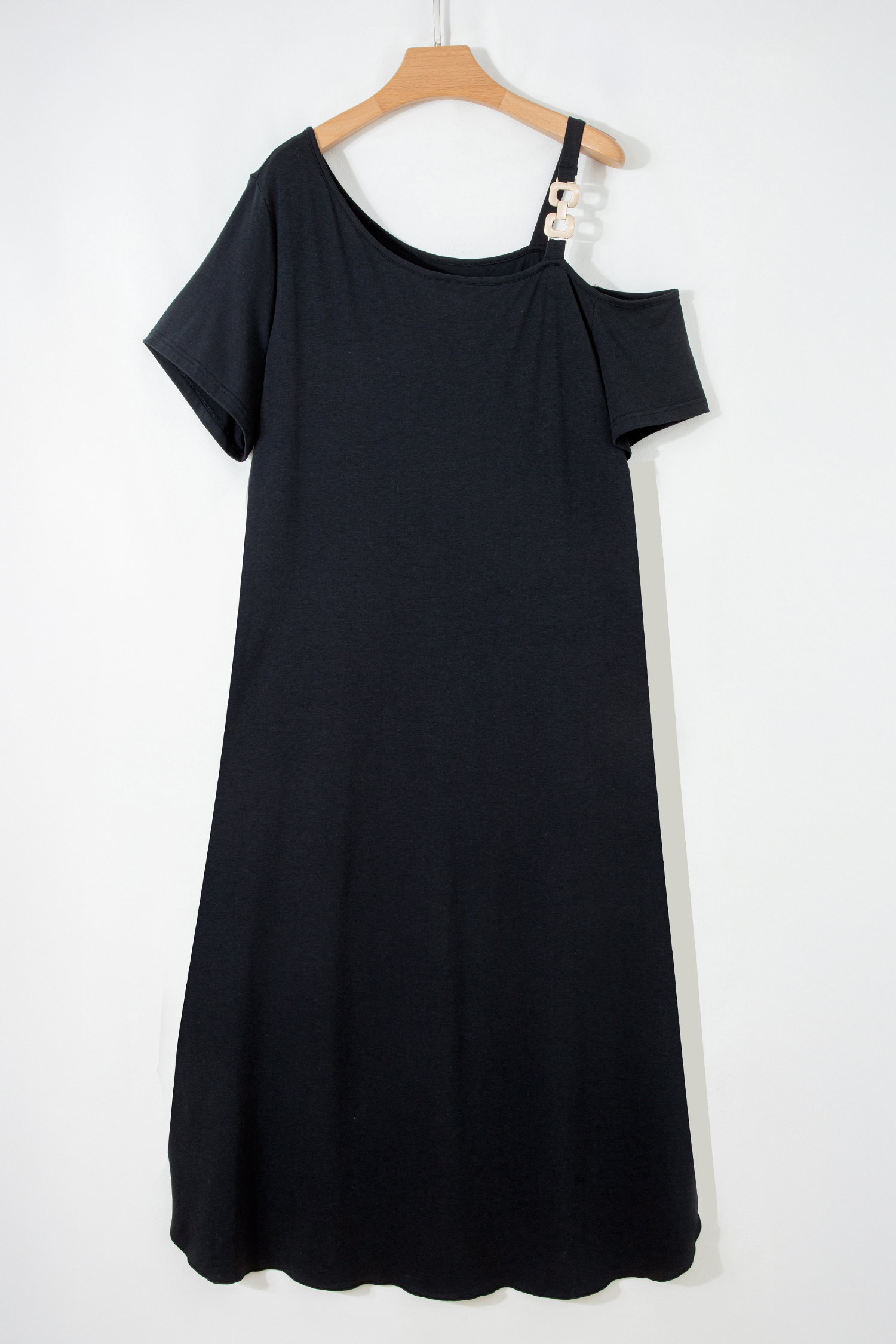 Plus Size Black Asymmetric Shoulder Detail Short Sleeve  Maxi Dress