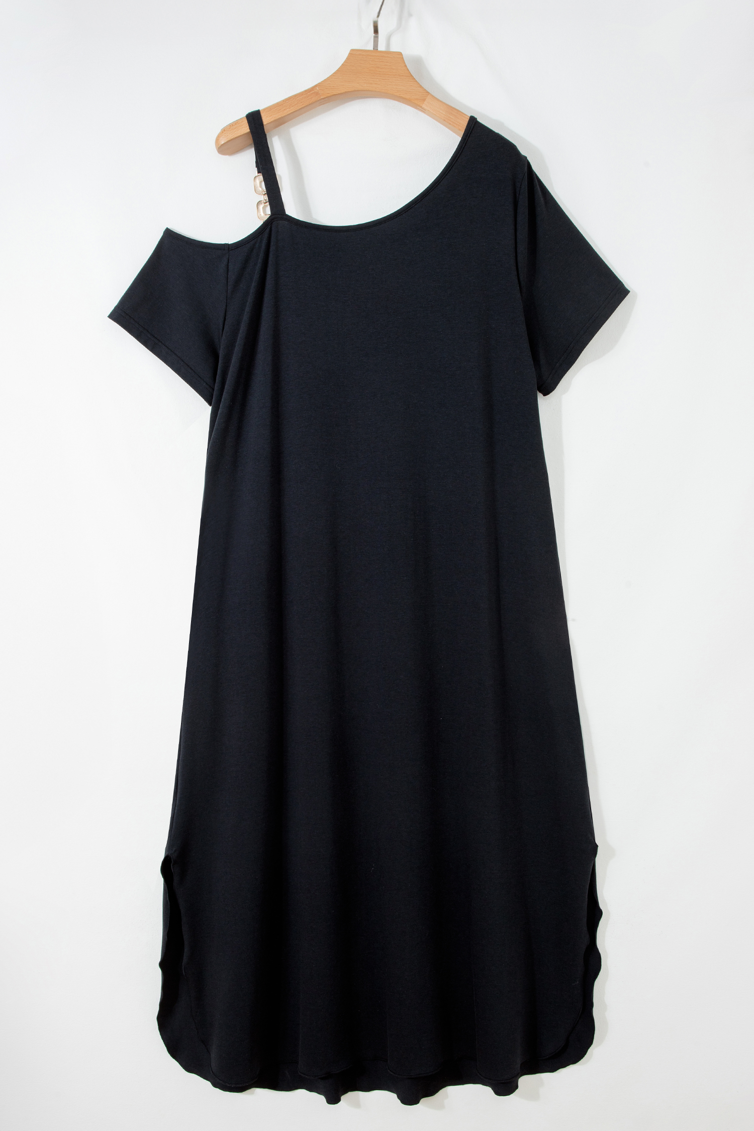 Plus Size Black Asymmetric Shoulder Detail Short Sleeve  Maxi Dress